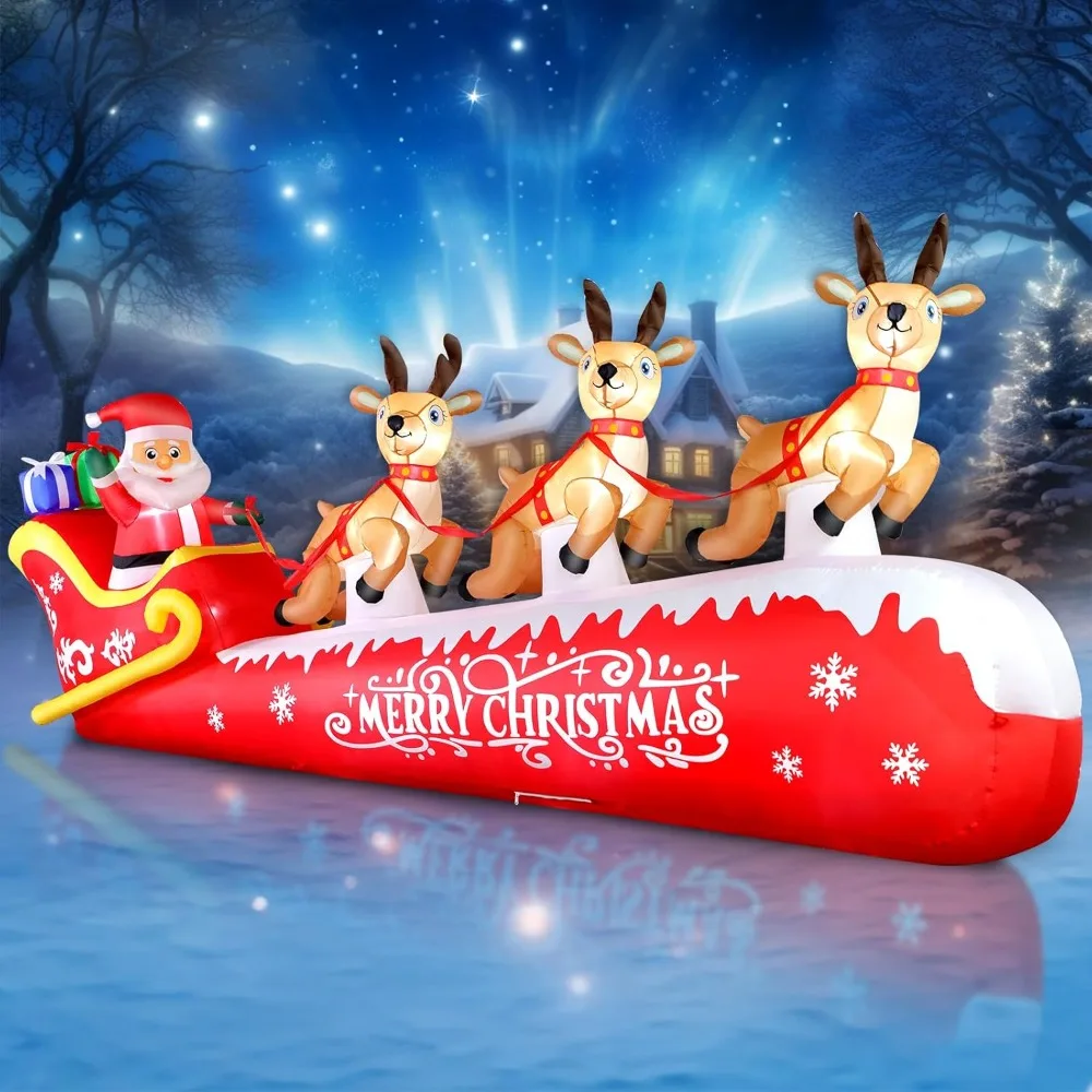 

12FT Christmas Inflatable Santa Claus on Sleigh with 3 Reindeers Outdoor Decorations, Giant Christmas Blow Up Yard Deco