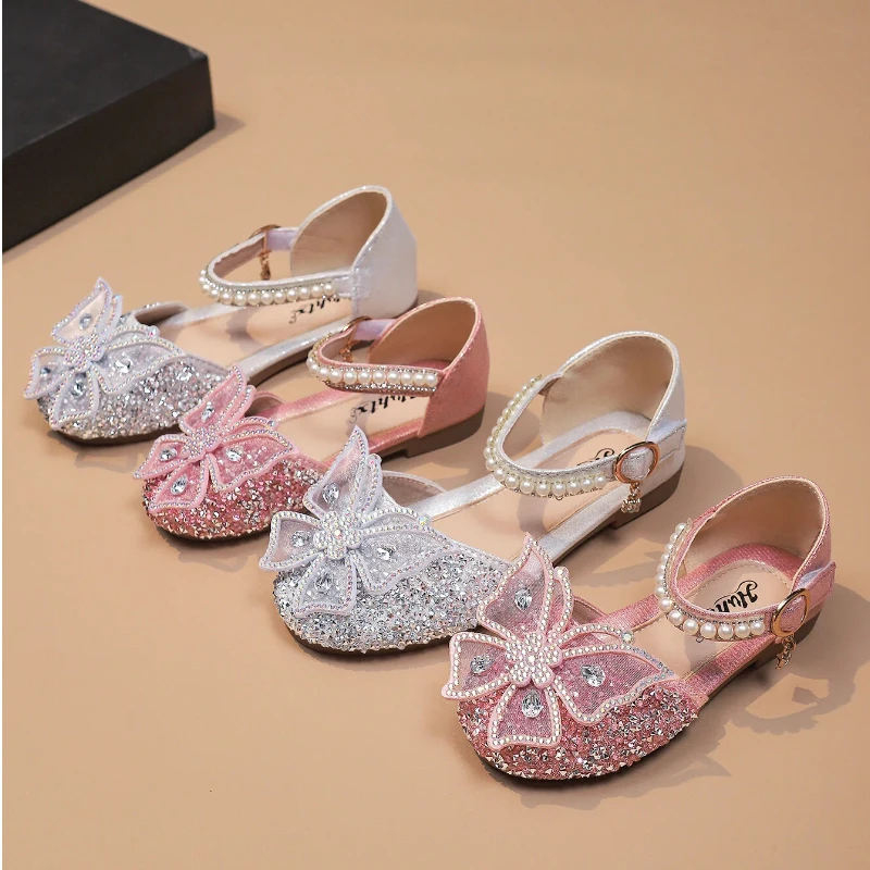 Girl's Princess Shoes Butterfly Bling Pearl Exquisite Kid's Flat Shoe Solid Colors Crystal Pendant Beautiful Party Children Shoe