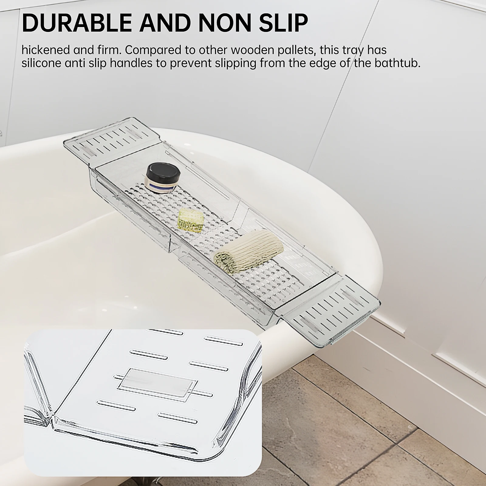 Bathtub Tray Extendable Non-Slip Bath Tray Adjustable for Tub Towel Book Storage Accessories Bathroom Bath Retractable Plastic