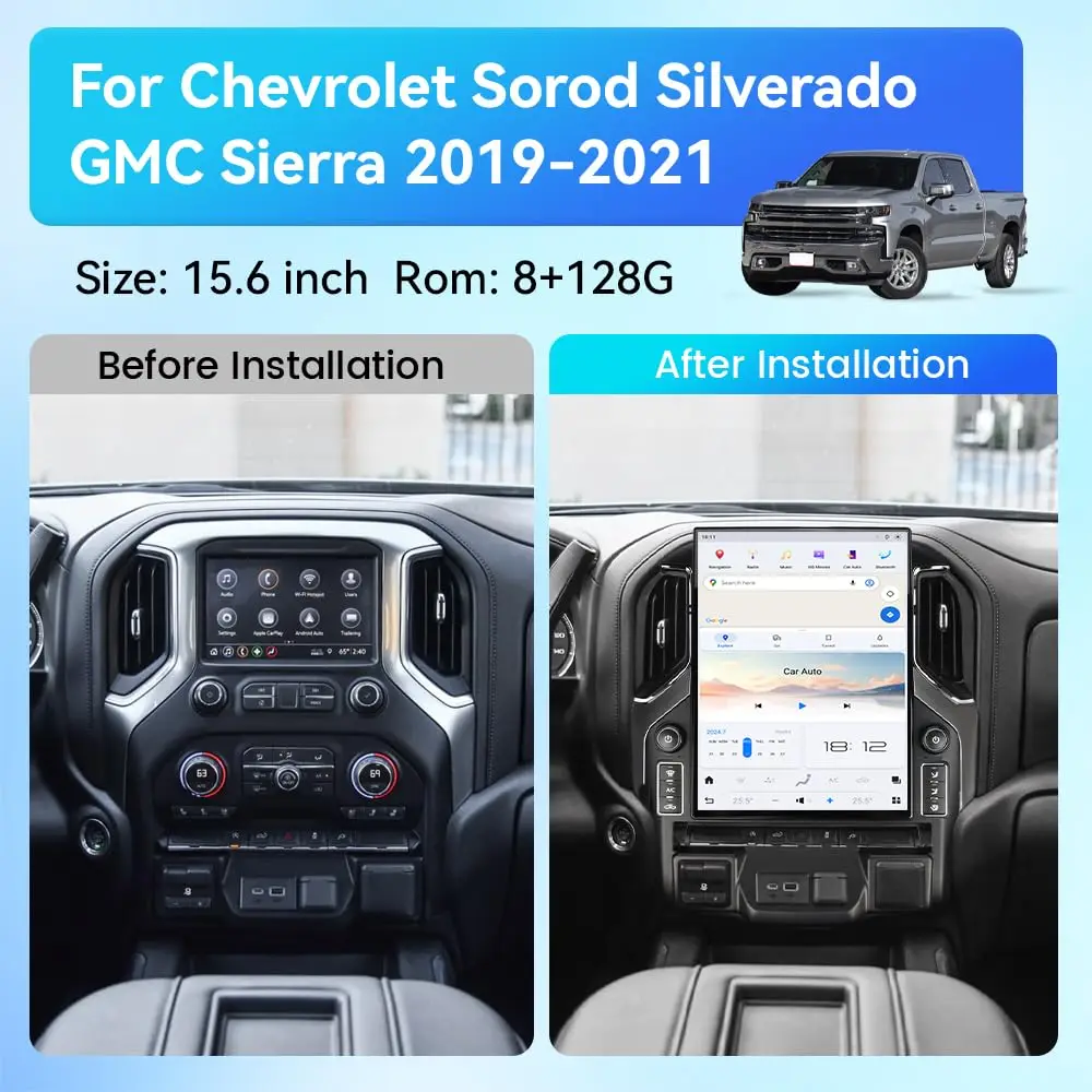 15.6 in 8 128GB Tesla Style Screen For Chevrolet Silverado GMC Sierra 2019-2023 Android 13 Car Radio Android Auto Carplay Stereo