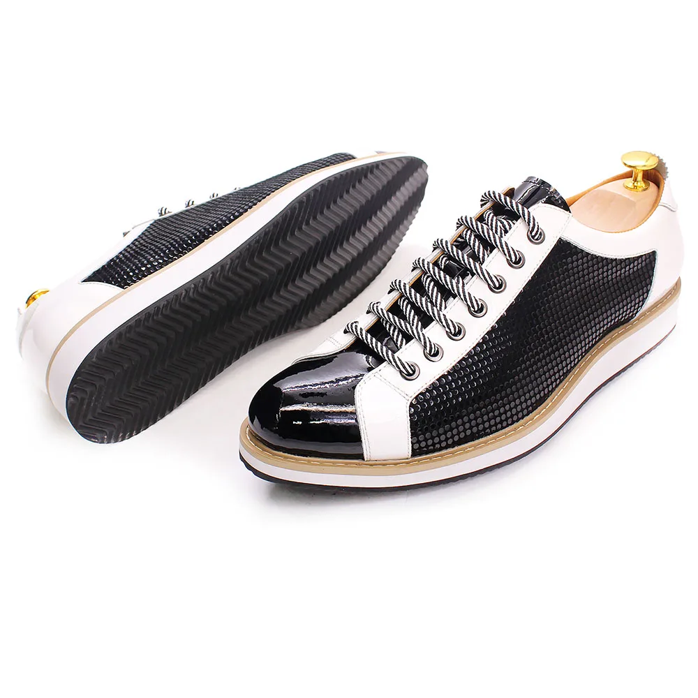 Large Size 6 To 13 Luxury Brand Shoes Men Flat Sneakers Patent Leather Lace-up Black White Casual Shoes Zapatos Casuales Hombres