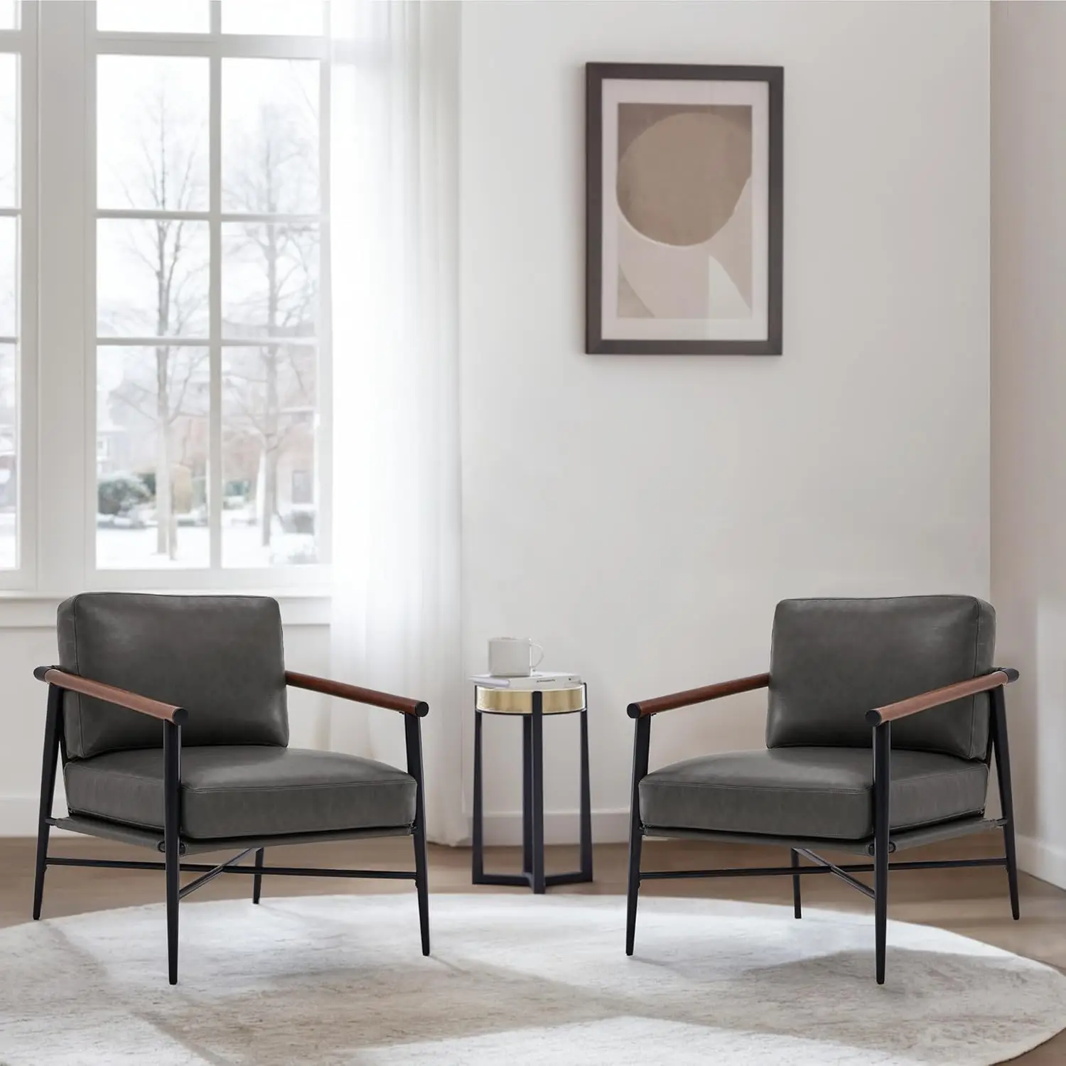 

Современный акцентный стул середины века, набор из 2 шт., кресло из искусственной кожи, удобное кресло для чтения с мягкой обивкой для гостиной, по индивидуальному заказу