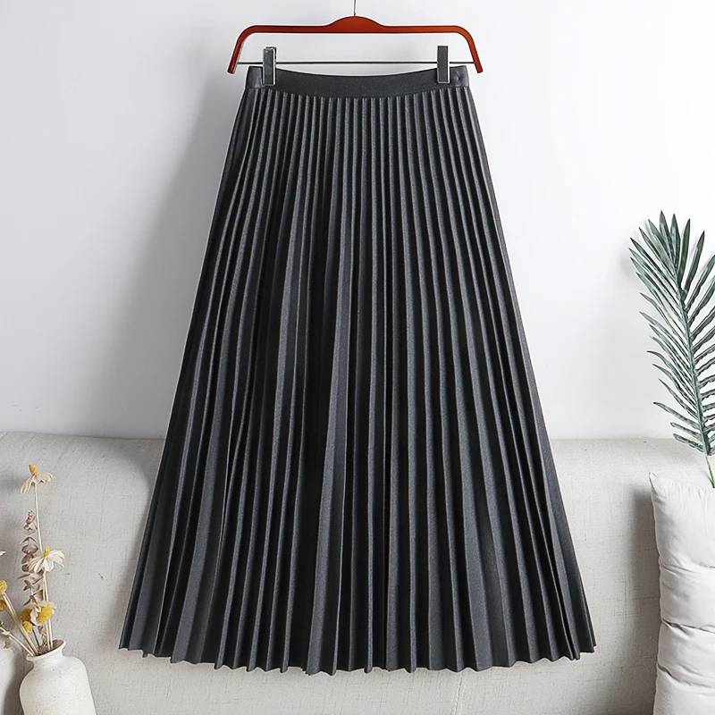 Pleated Skirt Elegant Elastic High Waist A-LINE Office Ladies Work Midi Long Skirt Black Green Grey Autumn Winter Women\'s Skirt