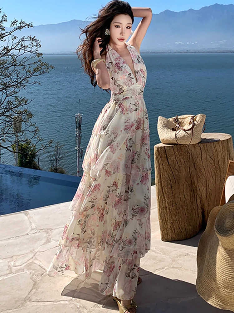 2026 Floral Chiffon Chic Neck-mounted Long Dress Summer Elegant Casual Ruffled Dress Women Korean Bodycon Festival Evening Dress