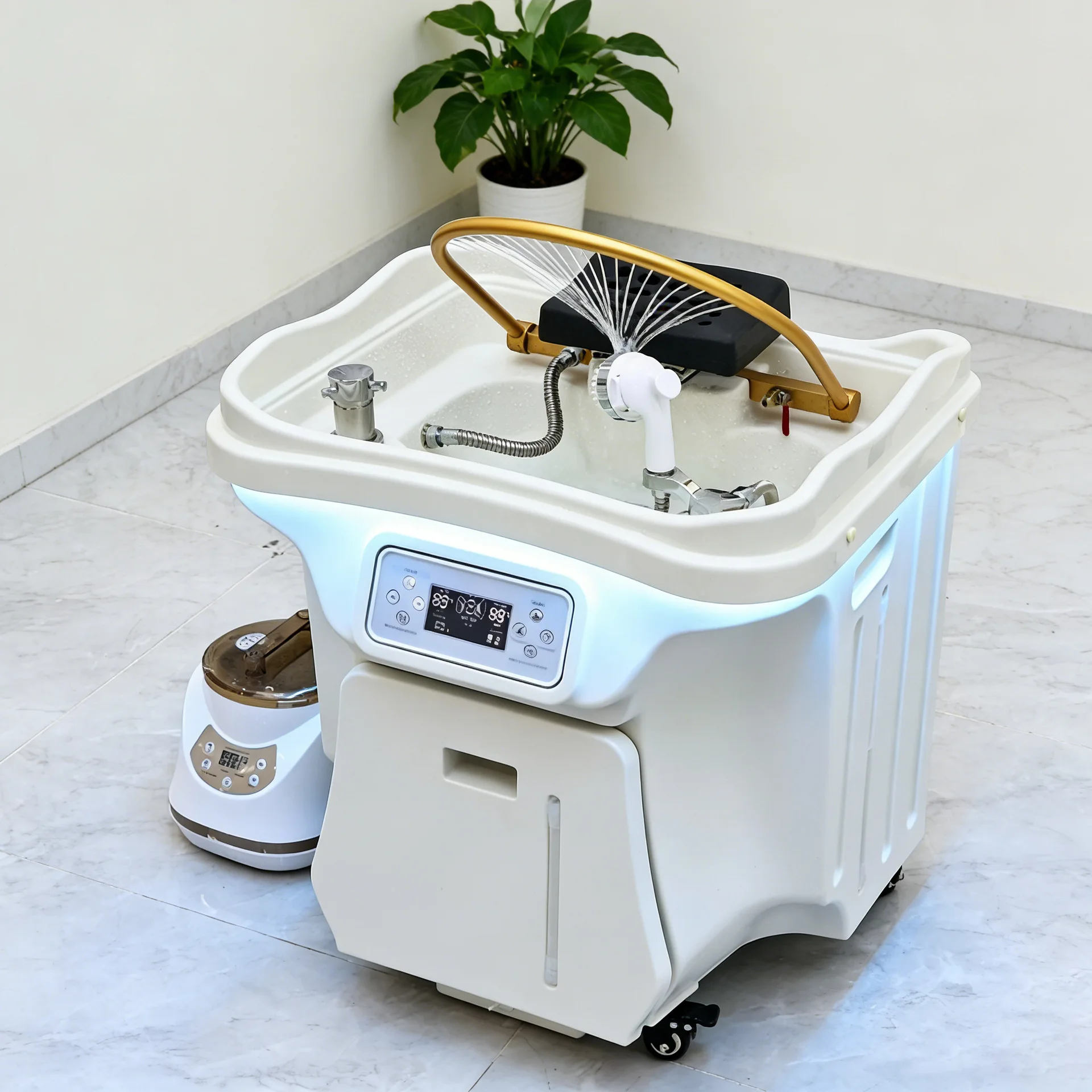 !@！@Luxury Modern Waterfall Hair Washing Head Therapy Spa No Plumbing Portable Shampoo Basin Sink Adjustable Footrest ABS Materi