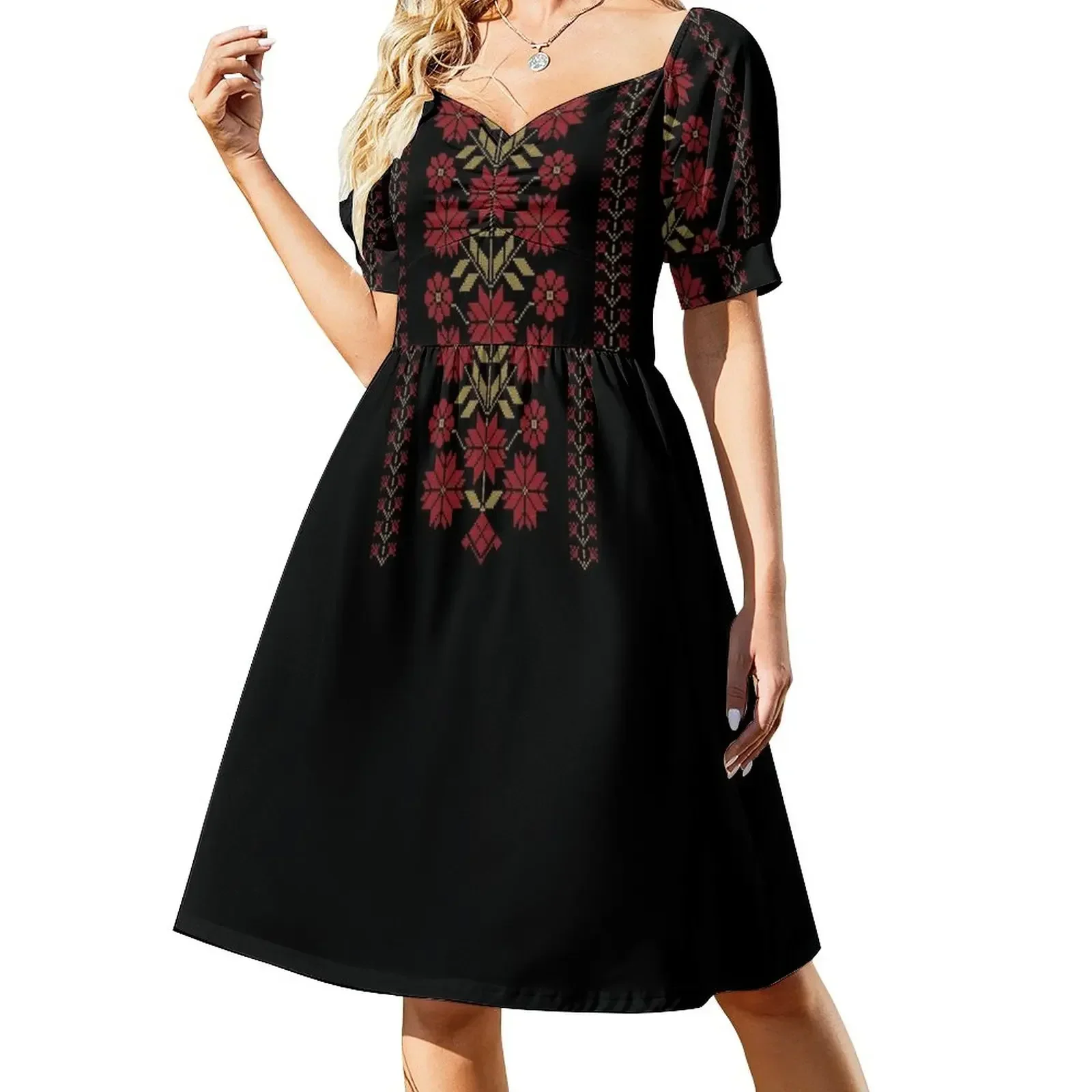 

Traditional Tatreez Embroidery Flowers Pattern Design 9 red-gold Short-Sleeved Dress Female clothing Dress