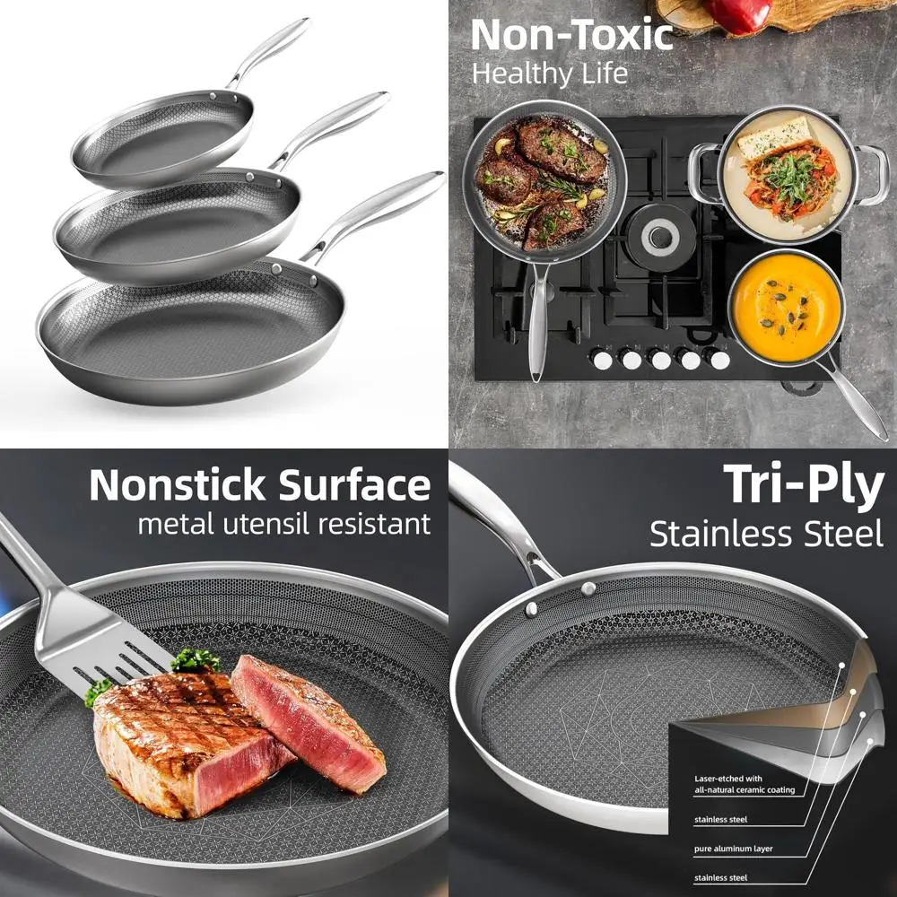 

Tri-Ply Stainless Steel Frying Pan Set - 3 Pieces (8, 10, and 12 Inches), Non-Toxic, Induction Compatible Chef's Skillets