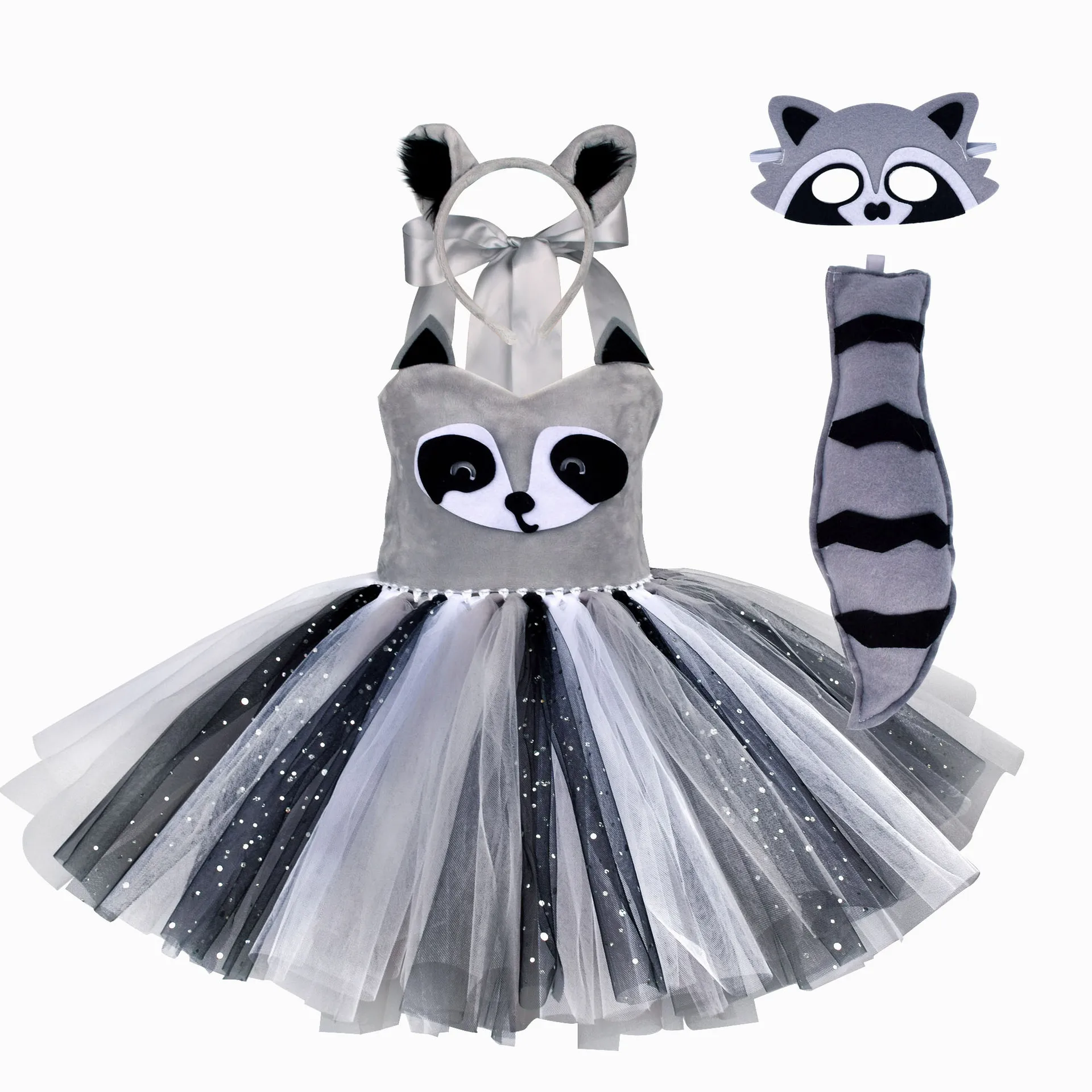 Girls Forest Animals Raccoon Dress Cosplay Children Stage Show Story Dress Raccoon Tail Props Kids Sequins Cartoon Tutu Dress