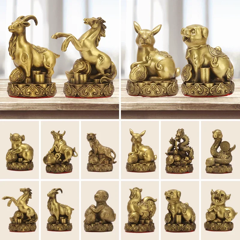 12 Chinese Zodiac Animal Figurines Set Pure Copper Rat, Ox, Rabbit, Tiger, Dragon, Snake, Horse, Goat, Monkey, Rooster, Dog, Pig
