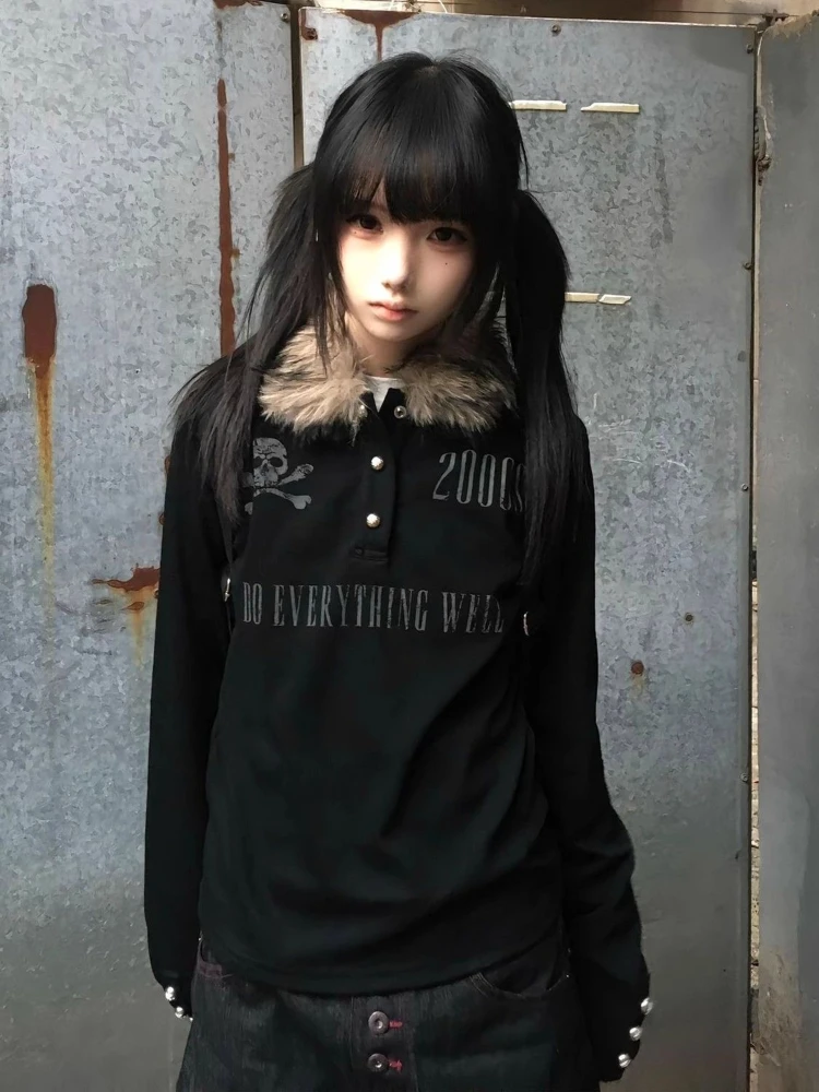 

Американский винтажный принт 2000-х годов, тонкие готические футболки с длинными рукавами Y2k, осенние субкультуры, меховой воротник, лоскутные повседневные футболки, топ в стиле Харадзюку