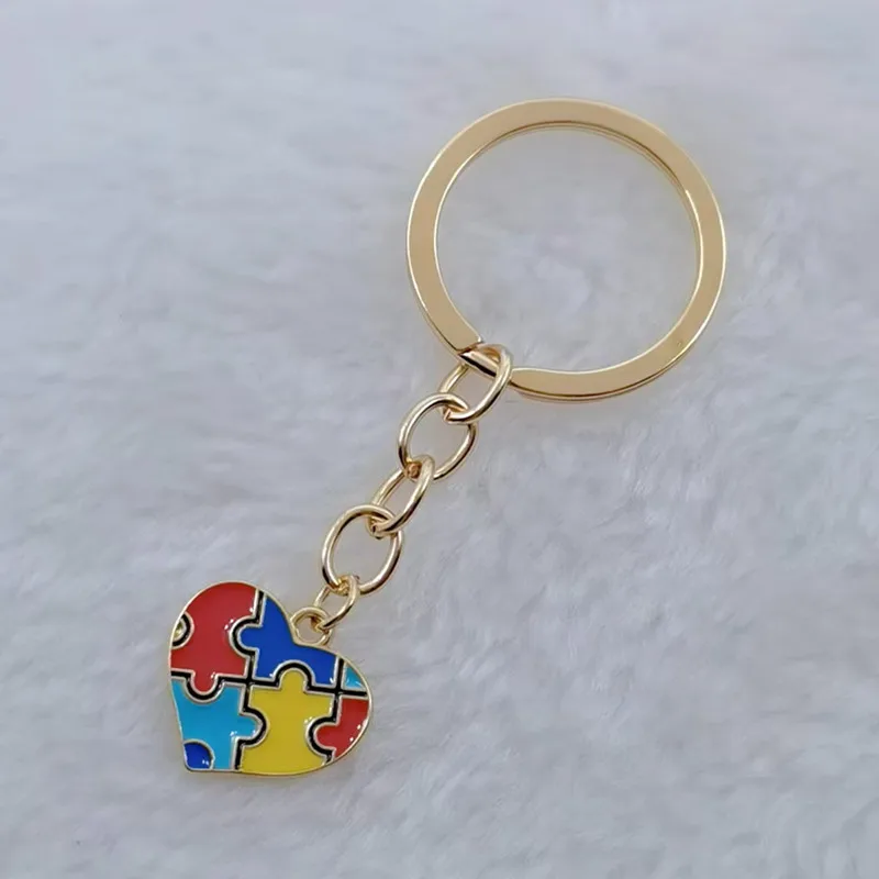 New Autism Awareness Enamel Keychains For Children Gifts Round  Heart Ribbon Red Puzzle Alloy Pendant Keyring Love Theme Jewelry