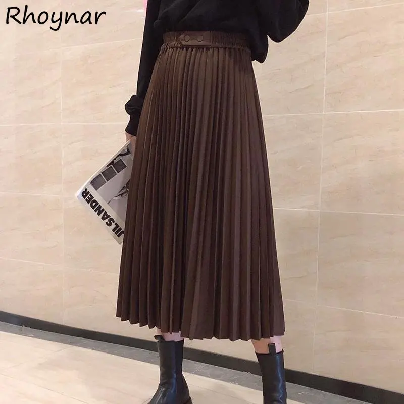 Winter Skirts Women with Lining Design Solid Trendy Retro Korean Version Harajuku Streetwear Elegant Pleated Minimalist Mid-calf