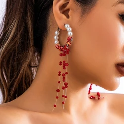 Salircon Halloween Blood Pattern Imitation Pearl Hoop Earring Trendy Red Beaded Long Tassel Earring Women Gothic Cosplay Jewelry
