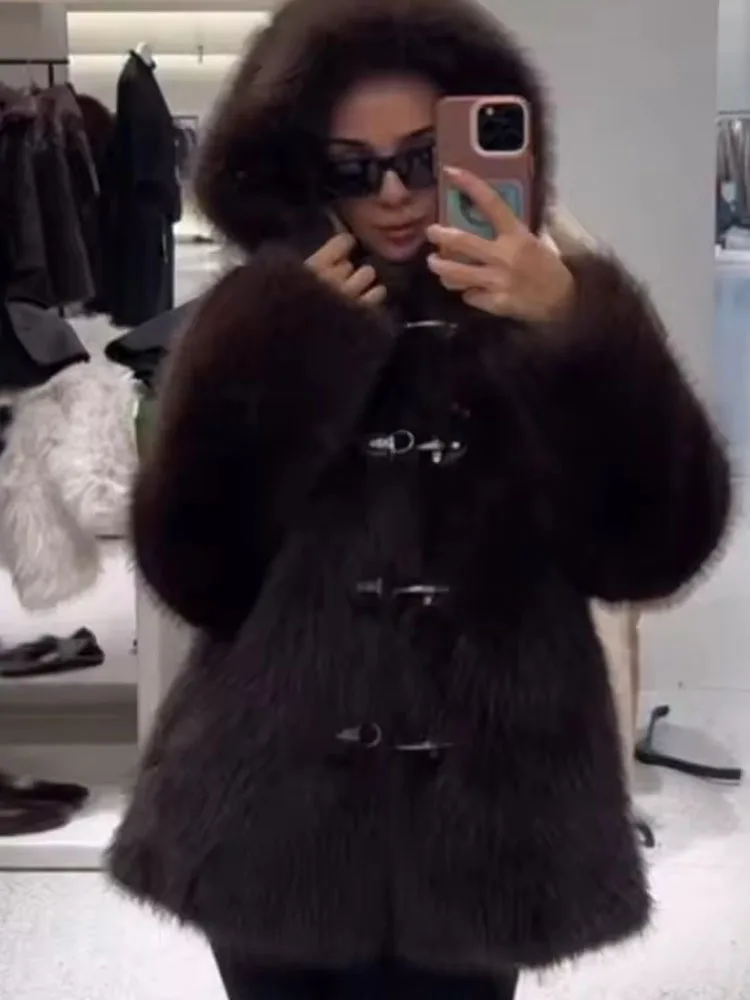 Women Fur Jacket 2025 Women New Long Sleeve Button High Street Hooded Short Fur Jacket Lady Autumn Fashion Leisure Outerwear