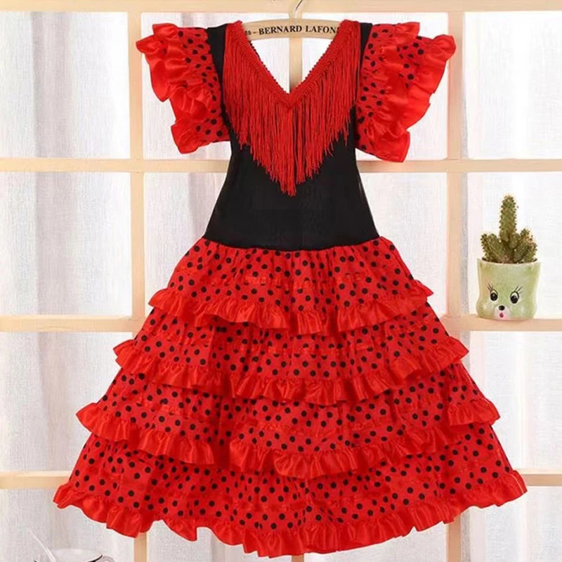 Kids Spanish Flamenco Dance Dresses Carnival Stage Performance Costume Girls Tassel Ruffled Sleeve Ruffles Dance Tutu Dress