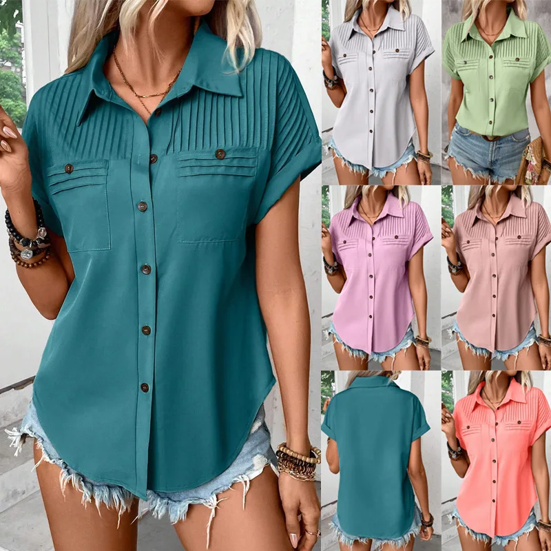 

Solid Color Buckle Lapel Shoulder Pleated Flap Pocket Pants Raglan Short-Sleeved Top T-Shirt for Women Suitable for Daily Wear