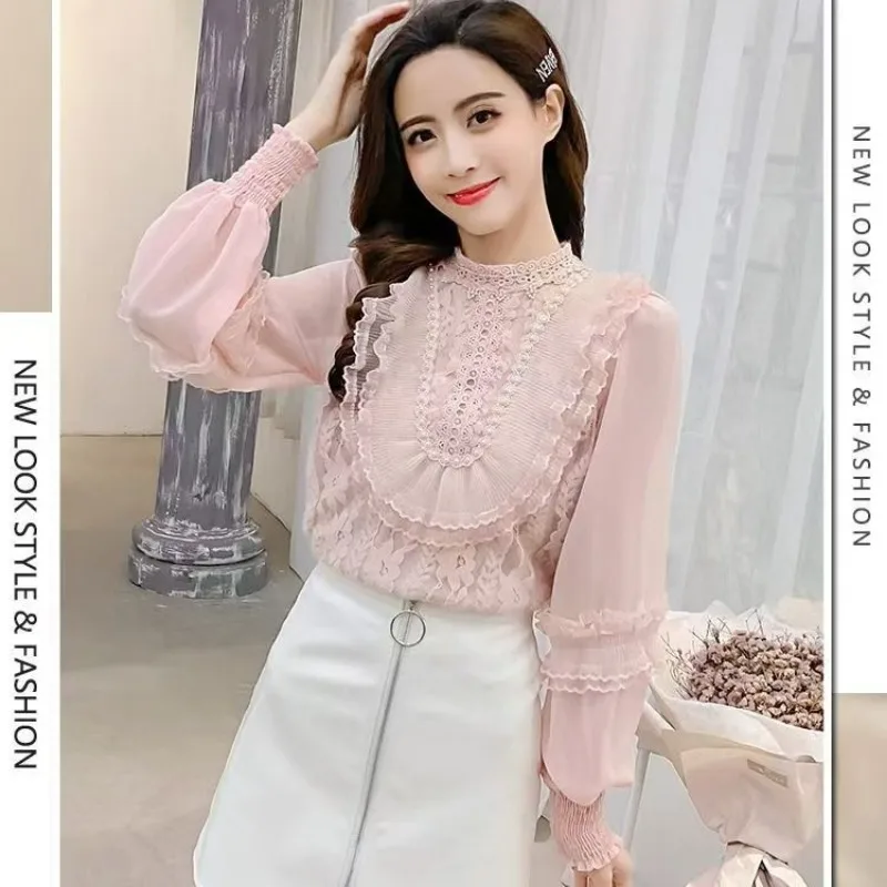 2024 Spring Fashion Embroidered Blouse Ruffle Flower Chiffon Shirt Women\'s Sweet Long-sleeved Stand-up Collar Ruffled Lace Shirt