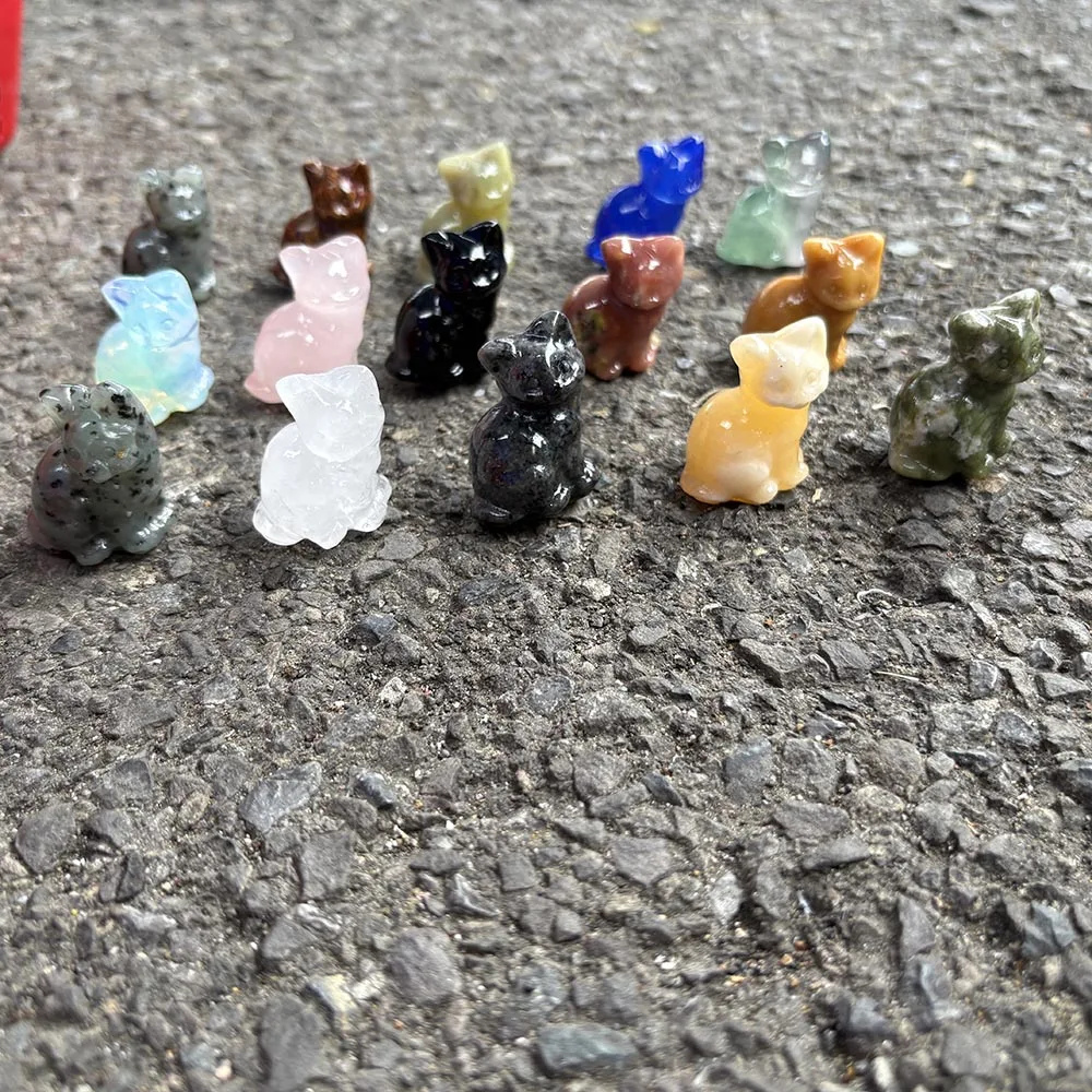 Natural Crystal Carved Kitty Figurine Gemstone Sitting Cat Statue Healing Quartz Animal Craft Office Room Decor Pet Gift