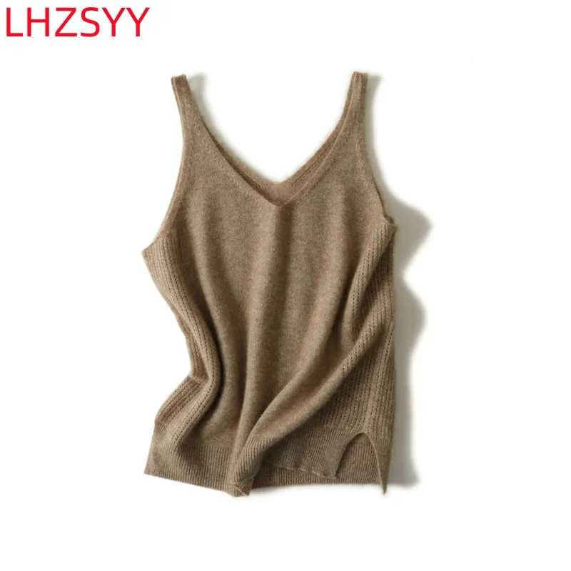 LHZSYY 100% Pure Cashmere Halter Vest Women\' V-Neck Inside Vest Four Seasons New Knit Sling Shirt High Quality Sleeveless Blouse