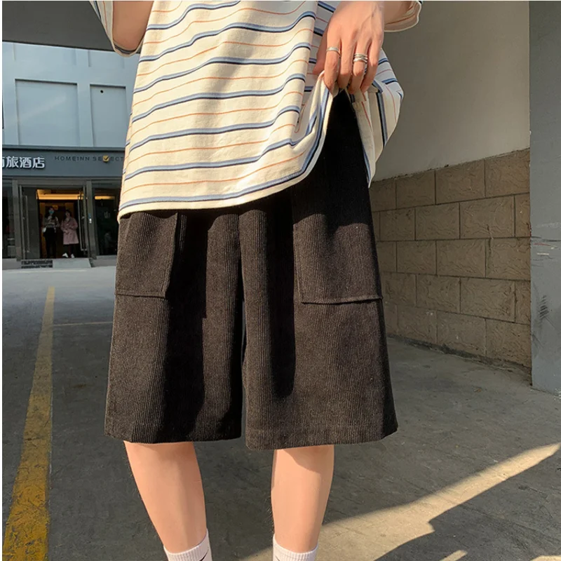 Khaki Corduroy Shorts Oversized Loose Five-quarter Pants Summer Korean Fashion Wide-leg Pants Hip-hop Bottoms For Men And Women