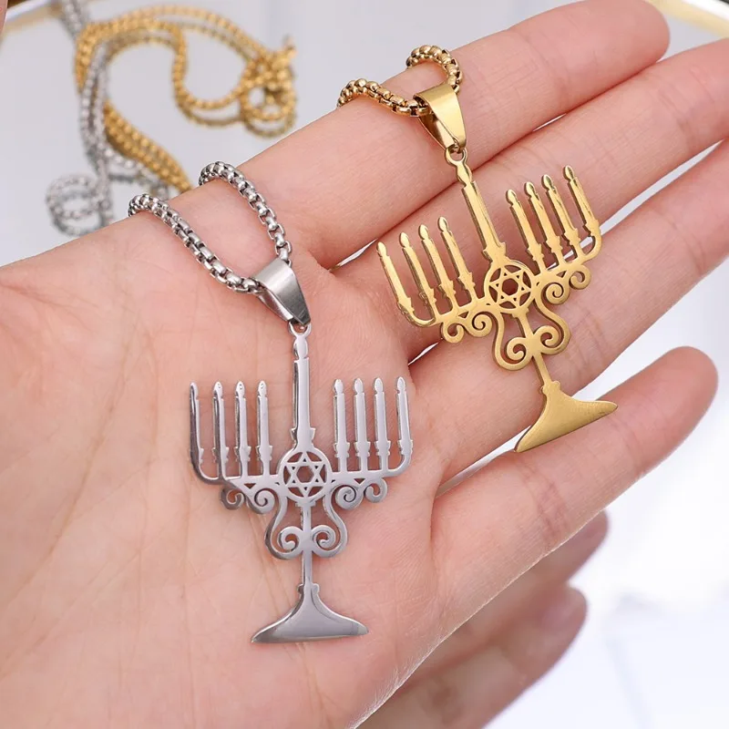 Judaica Israel Lamp Hanukkah Menorah Necklace for Women Men Stainless Steel Silver Color Star Candlestick Necklace Jewelry Gifts