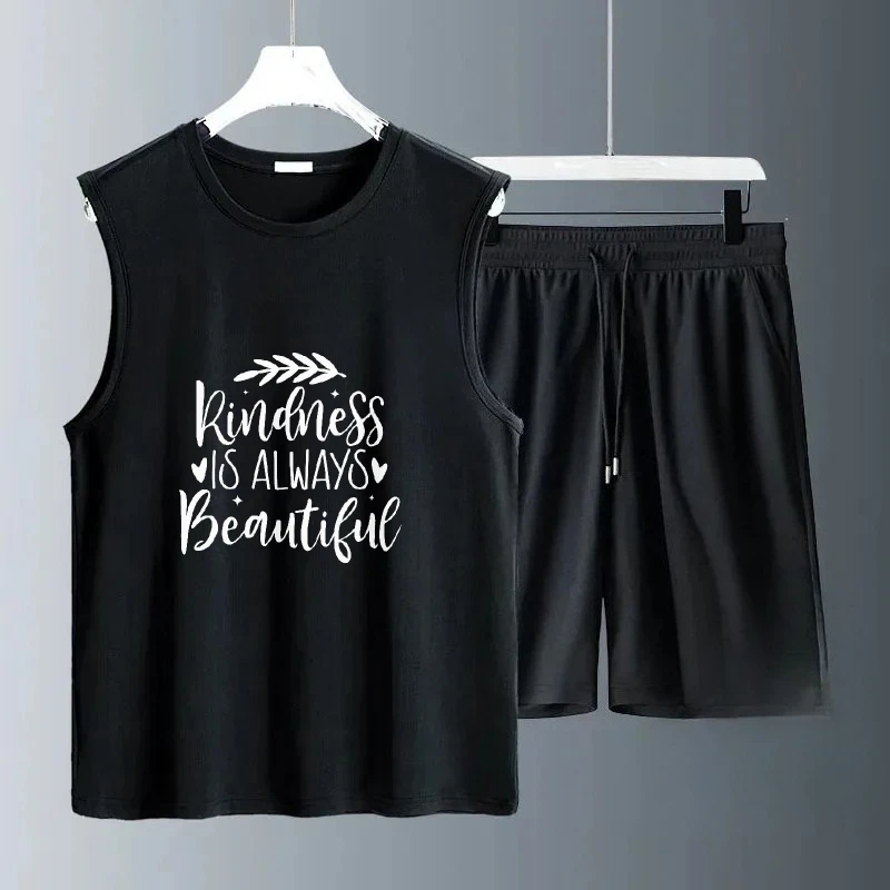 

2025 Breathable Men Summer Set with Vest Perfect for Hot Weather Comfortable Wear Fashion Sports T-shirts+shorts two-piece sets