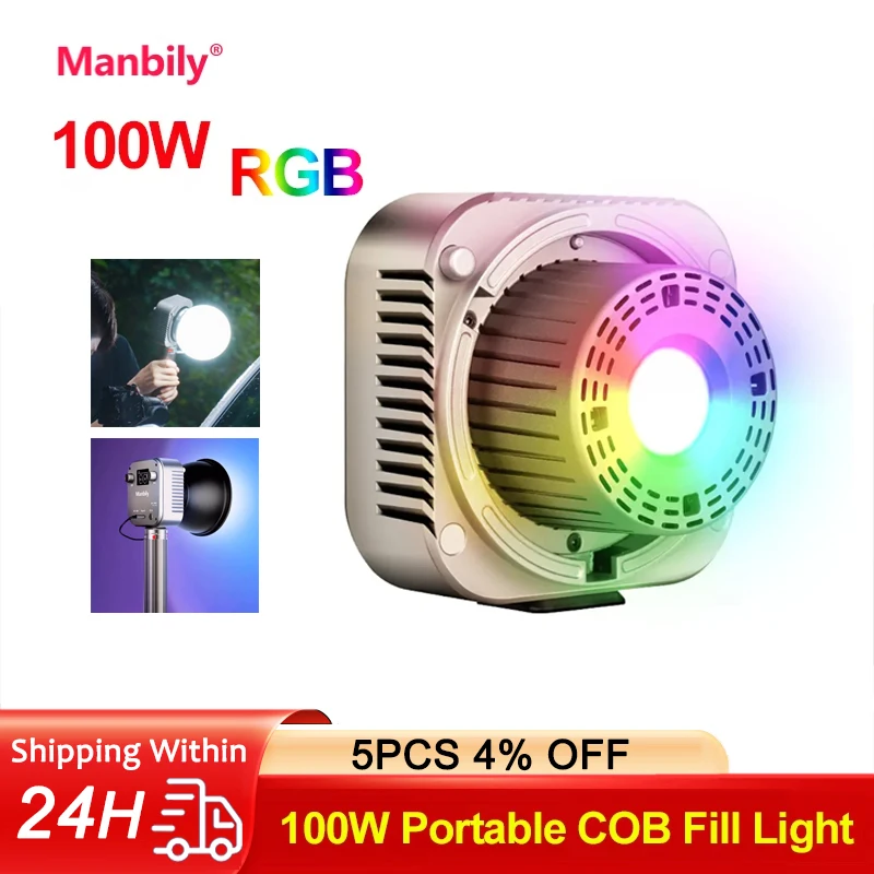 Manbily CFL-100C 100W Compact Handheld LED Video Light RGB Color COB Photography Fill Light  Studio Lamp with LCD Screen