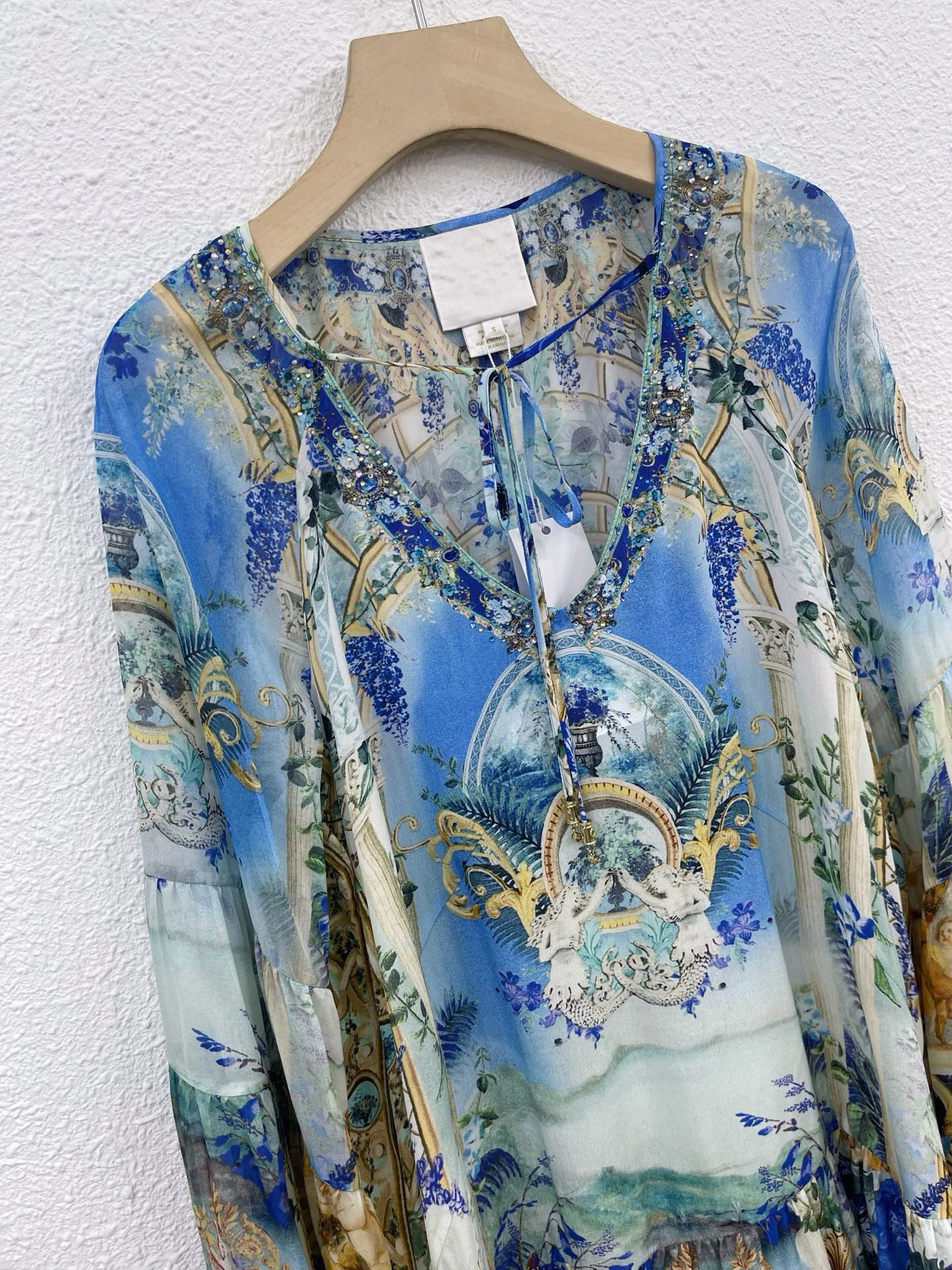 Women's 100% Real Silk Blue Printing Mini Dress Australian Flare Sleeve Boho Diamond Vintage Luxury Runway Designer
