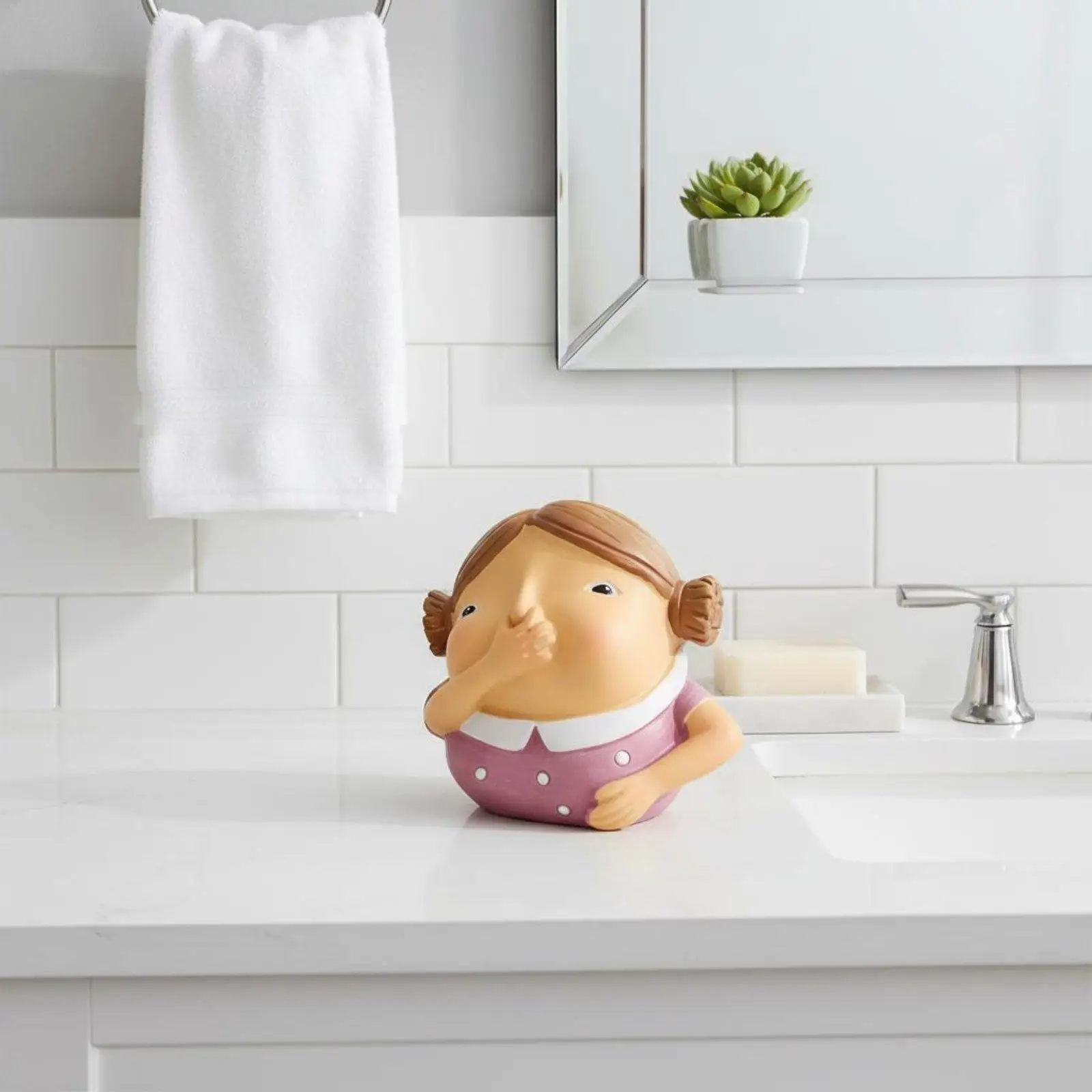Whimsical Resin Child Sculpture Nose Holding Figurine for Bathroom Shelf Humorous Home Accent Piece