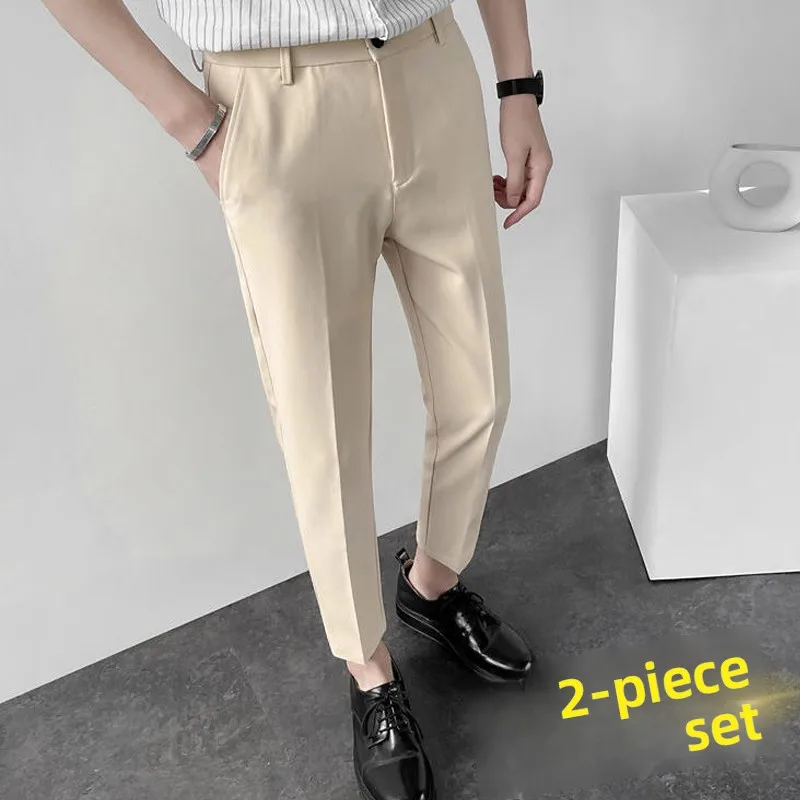 

Men's Ice Silk Straight Leg Suit Pants Thin Summer Business Casual Slim Fit Nine-Tenths West Pants Trousers for Youth