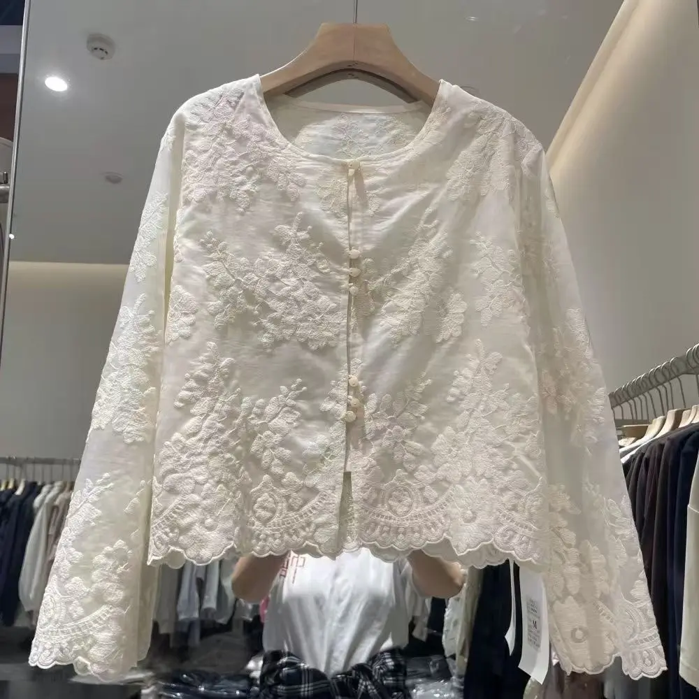 

2025 Spring Cardigan New Style Slim Embroidered Shirts for Women Streetwear Trendy Chinese Style Long-sleeved O-neck Lace Tops