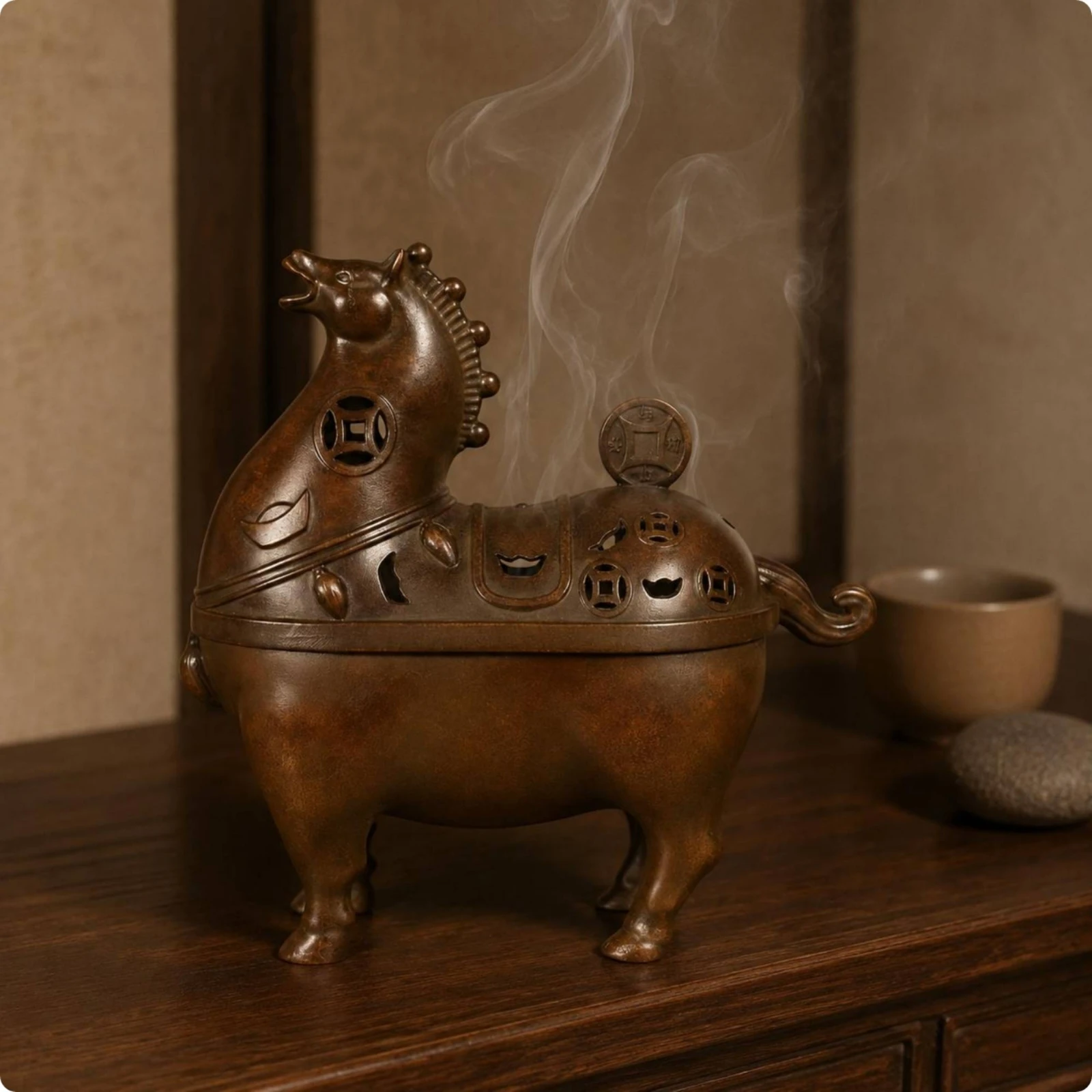 Brass Horse Incense Burner Mist Pattern Cutouts Astrological Horse Incense Burner Home Decor Feng Shui for Meditation, Tea Room