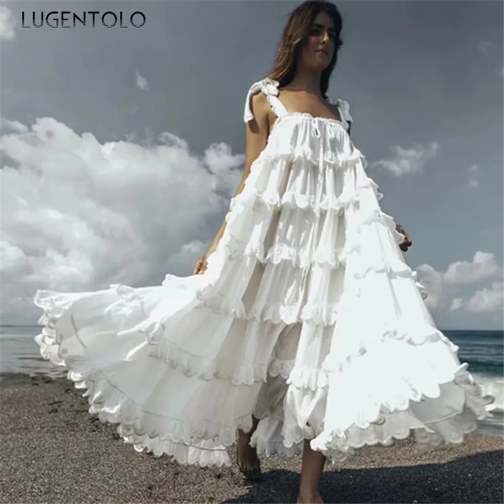 

Long Dress Women Bohemian Cake Layer Big Swing Solid Sleeveless Ruffles Spaghetti Strap Strapless Womens Dresses Lugentolo