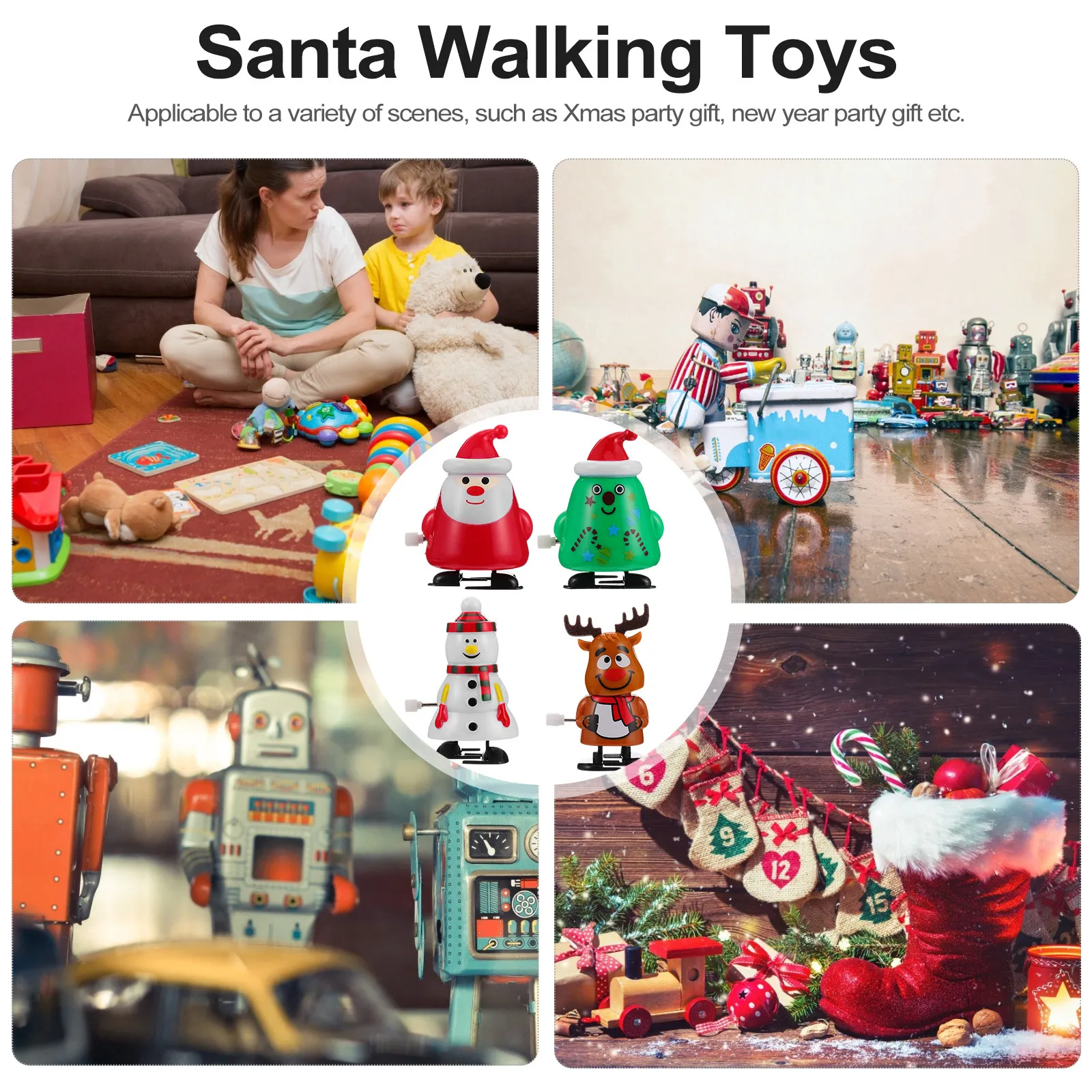 4Pcs Christmas Walking Santa Wind Up Xmas Clockwork Cartoon Party Gift Bright Colors Christmas Wind Up Toys Santa Walking Toys