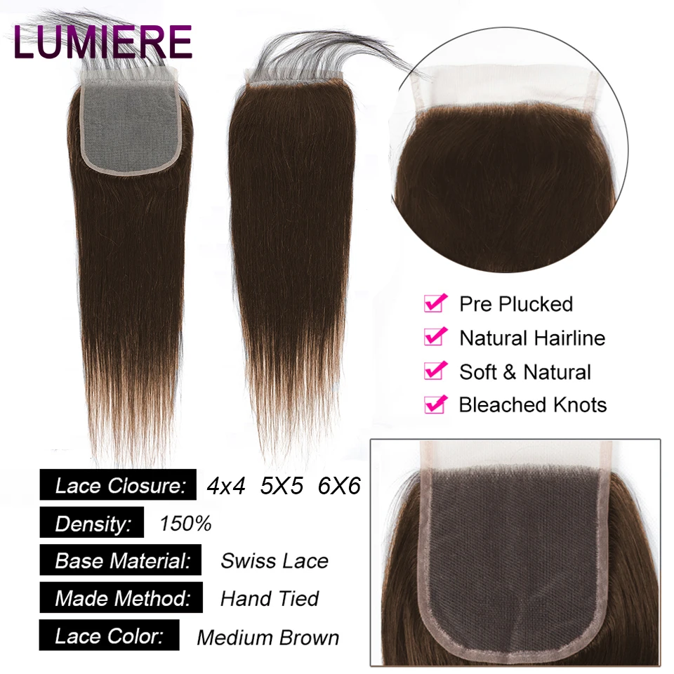 #4 Chocolate Brown Bone Straight Virgin Human Hair 3/4 Bundles with Closure Frontal HD Transparent Hair ExtensionTop Quality 18A