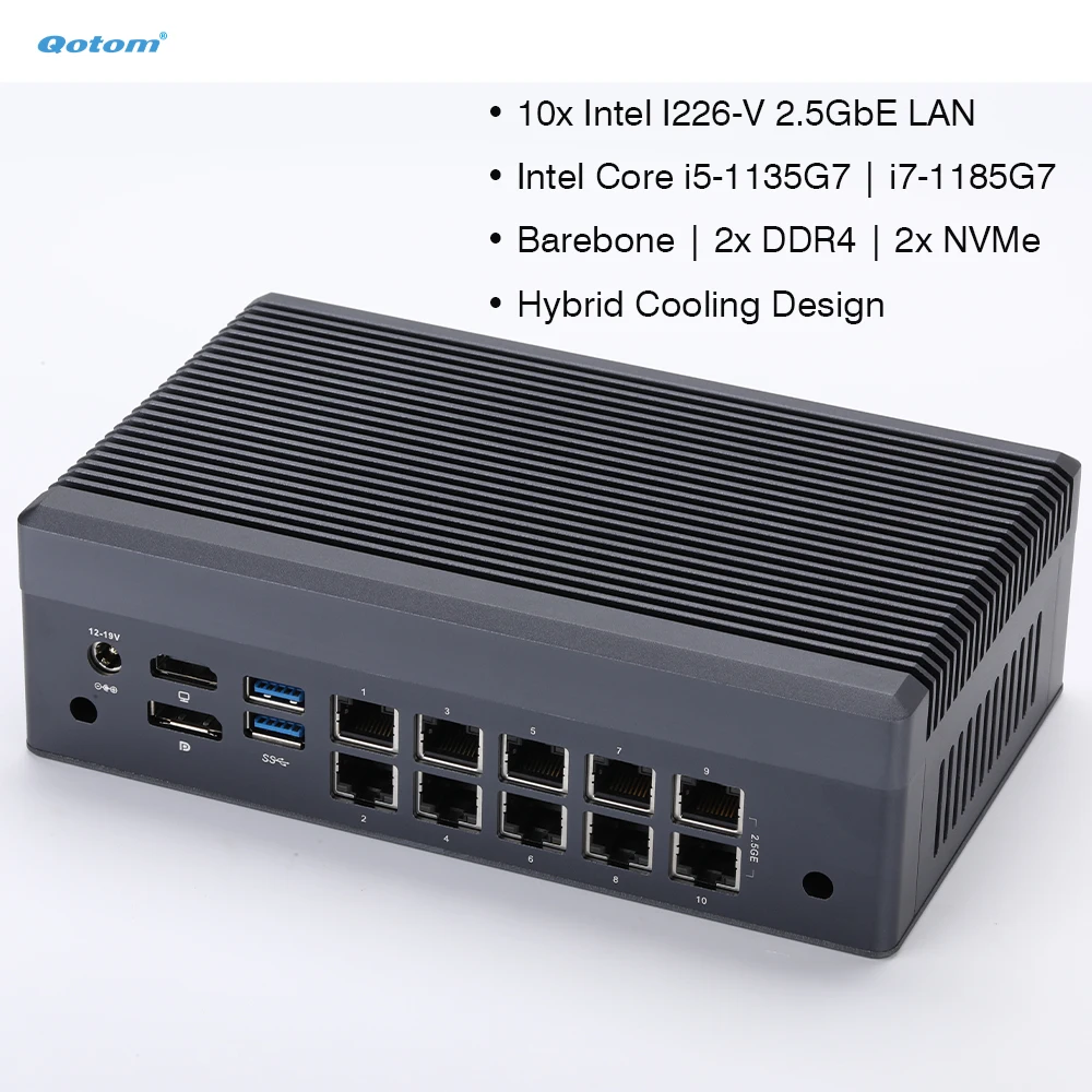 Qotom Q31100GT Barebone Mini PC Intel Core i5-1135G7/ i7-1185G7 10x 2.5G LAN Firewall Router PC 2x DDR4/ 2x NVMe Hybrid Cooling