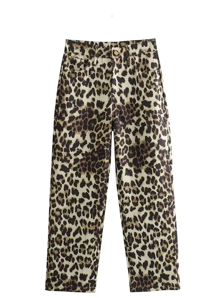 HH 2024 Female Summer Vintage Straight Pants Chic Street Bottoms High Waist Leopard Print Zipper Fly Wide Leg Trousers