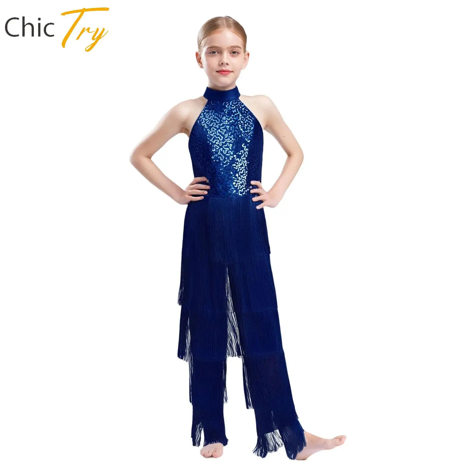 Girls Latin Tango Dance Costume Kids Cha-cha Samba Rumba Performance Dancewear Tassel Sequin Jumpsuit Halter Sleeveless Bodysuit