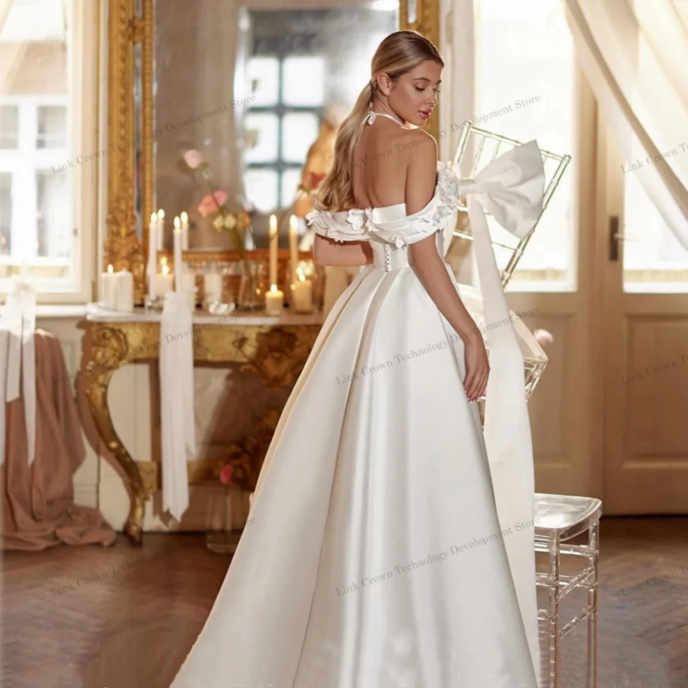 Ivory Off Shoulder Wedding Dresses with Satin Side Slit Bridal Gowns for Women 2024 Sleeveless Satin Sweep Train Vestido De New