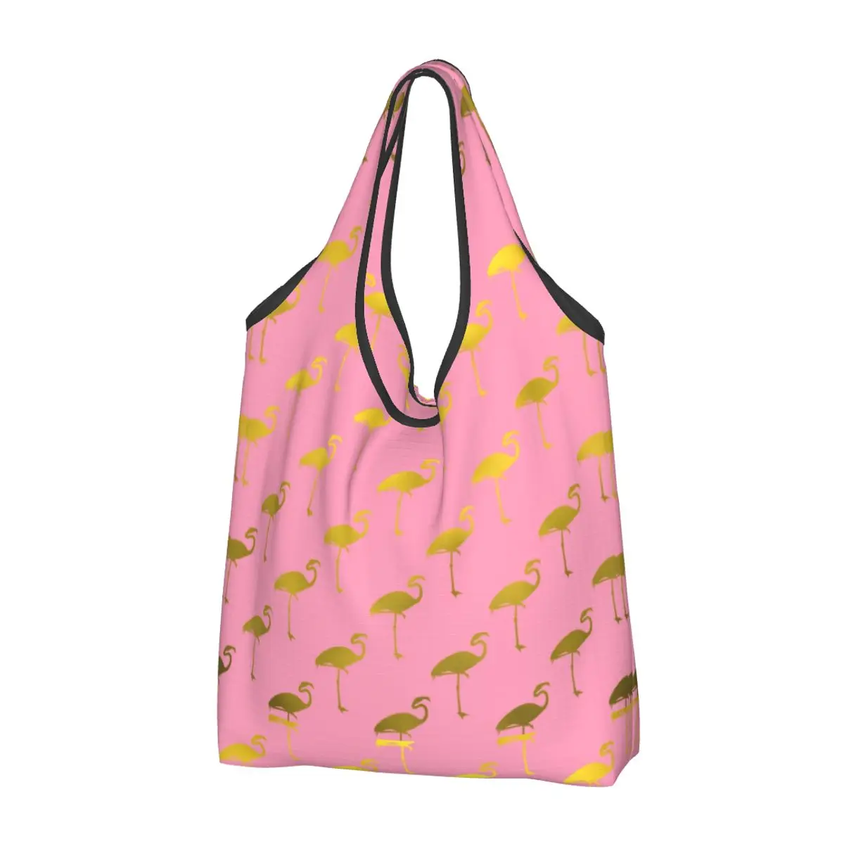 Gold And Pink Flamingos Pattern Grocery Shopping Tote Bag Women Fashion Shoulder Shopper Bag Large Capacity Handbags