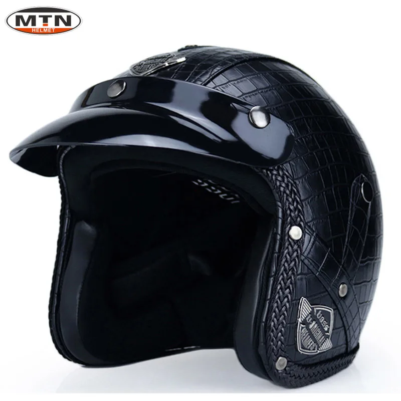 SALE Black Check Motorcycle Helmet Open Face 3/4 PU Leather Retro Classic Moto Bike Motocross Helmets Cascos