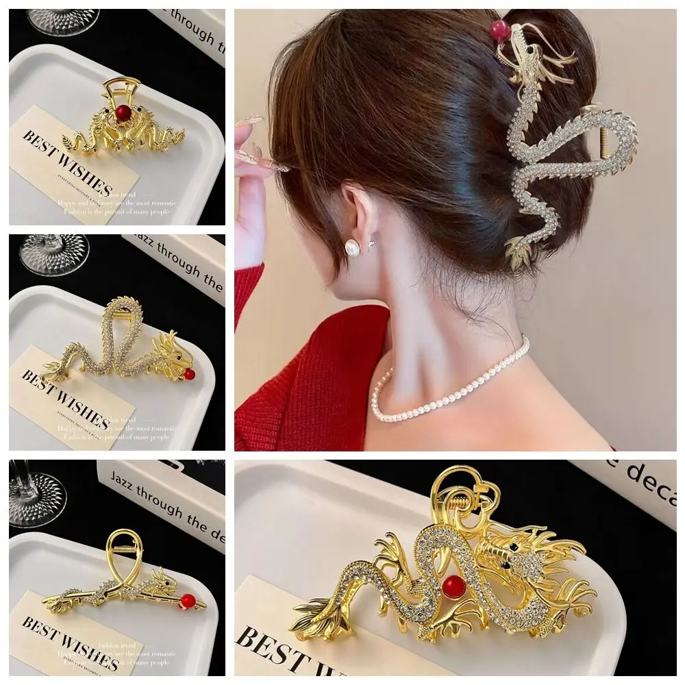 Red Zodiac Dragon Hair Claw Cartoon New Year Headwear Animal Hair Clip Headdress Grab Clip Rhinestone Shark Clip Female