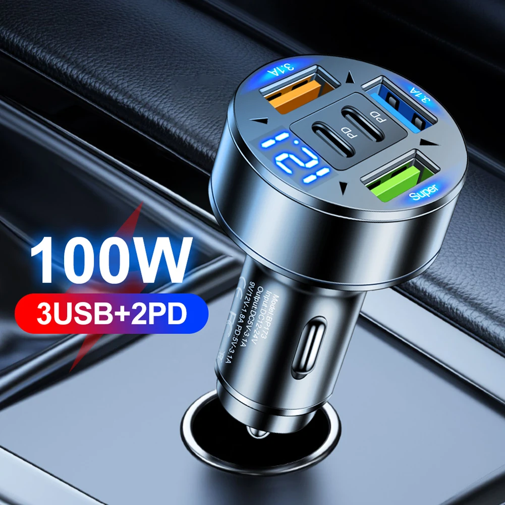 100W 5 Ports Car Charger with Voltage USB Type-C Car Charger 12V-24V Cigarette Lighter Car Phone Charger for Most Car Models