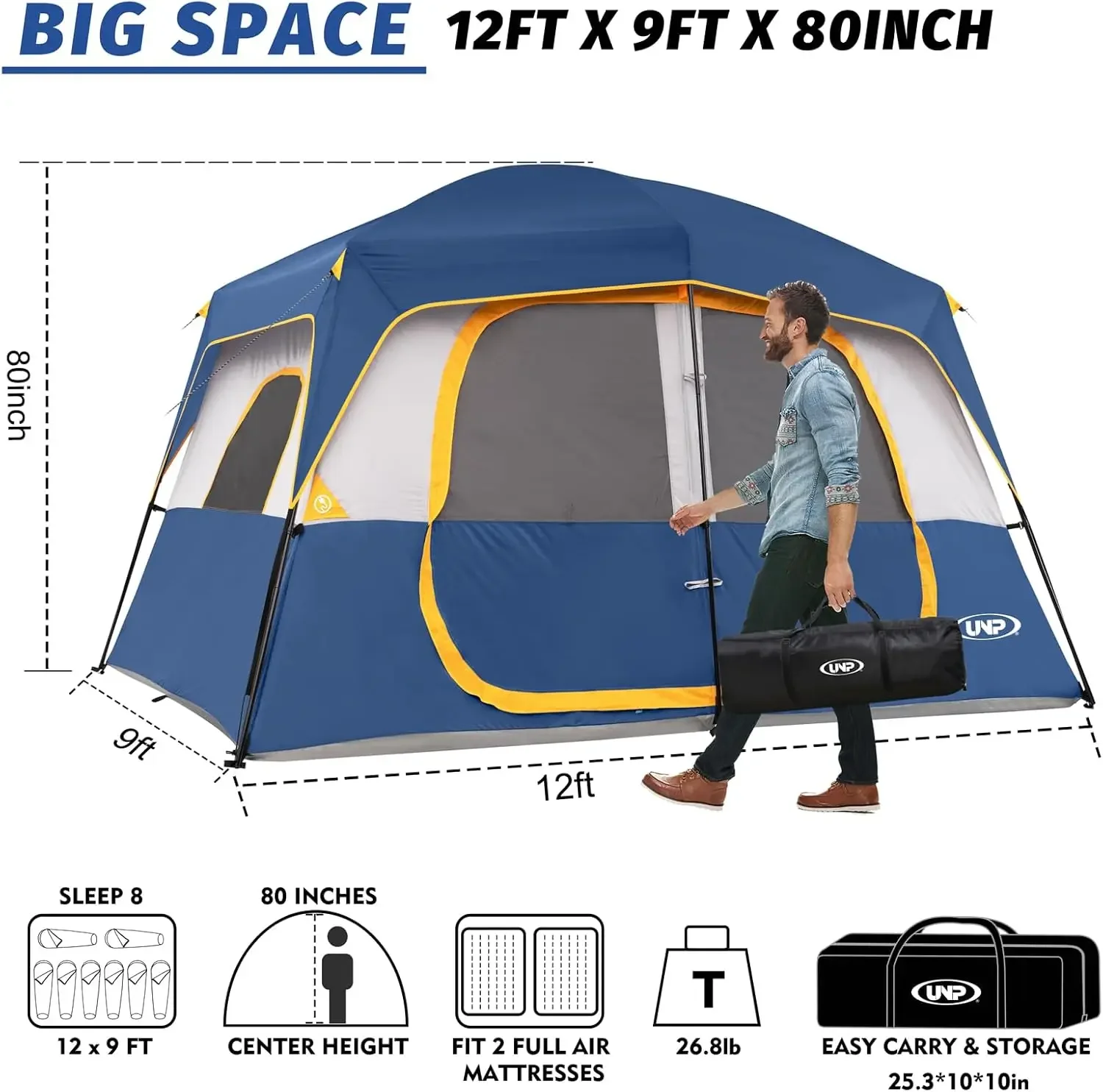 Camping Tent 8 Person, Waterproof Windproof Tent with Rainfly Easy Set up-Portable Dome Tents for Camping