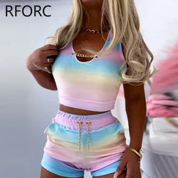 2024 Women Sexy Gradient Color Chain Decoration Elastic Waist Two Pieces Summer Short Sets