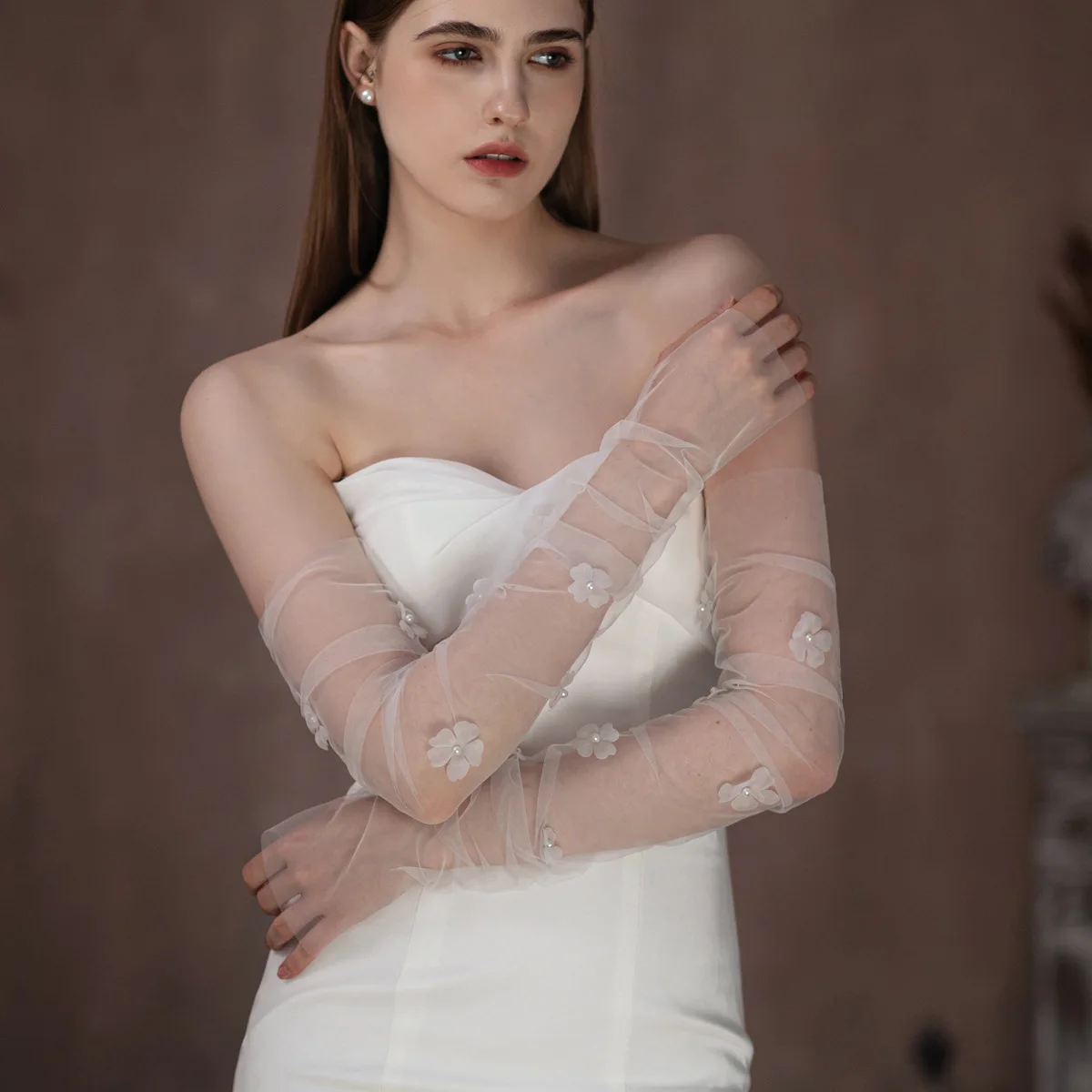 SLBRIDAL-Mangas de vestido de novia sin aletas para mujer, guantes de encaje hechos a mano, flores y perlas, accesorios de fiesta para damas de