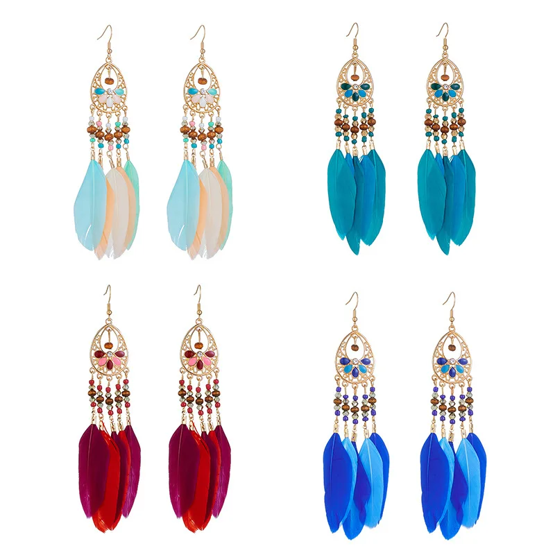 Bohemian Feather Tassel Earrings For Women Long Fringe Drop Dangling Earrings Female Girls Party Jewelry Accessories