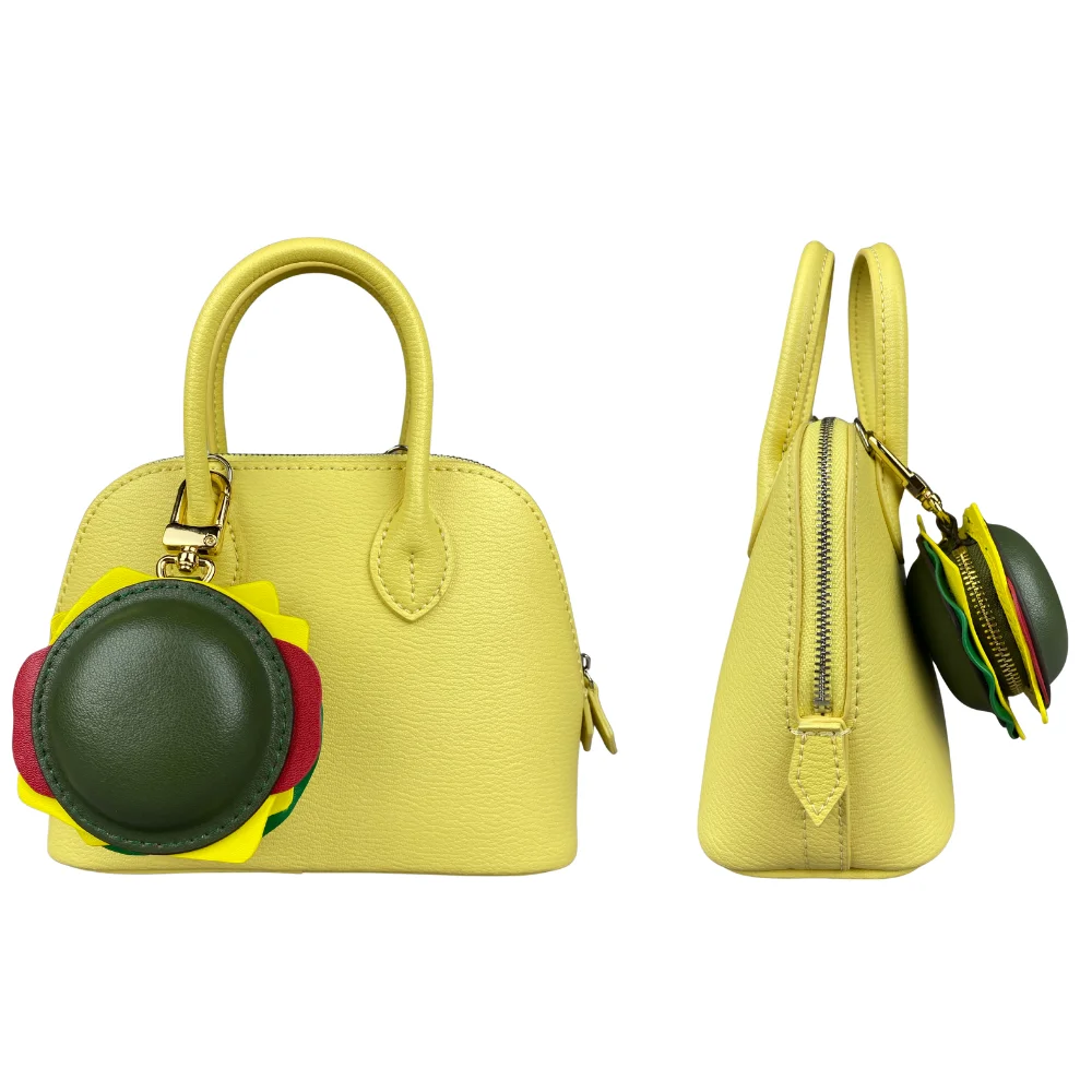 Llavero de cuero genuino hecho a mano con mini bolsa con cremallera para efectivo y artículos esenciales pequeños - Diseño de hamburguesa