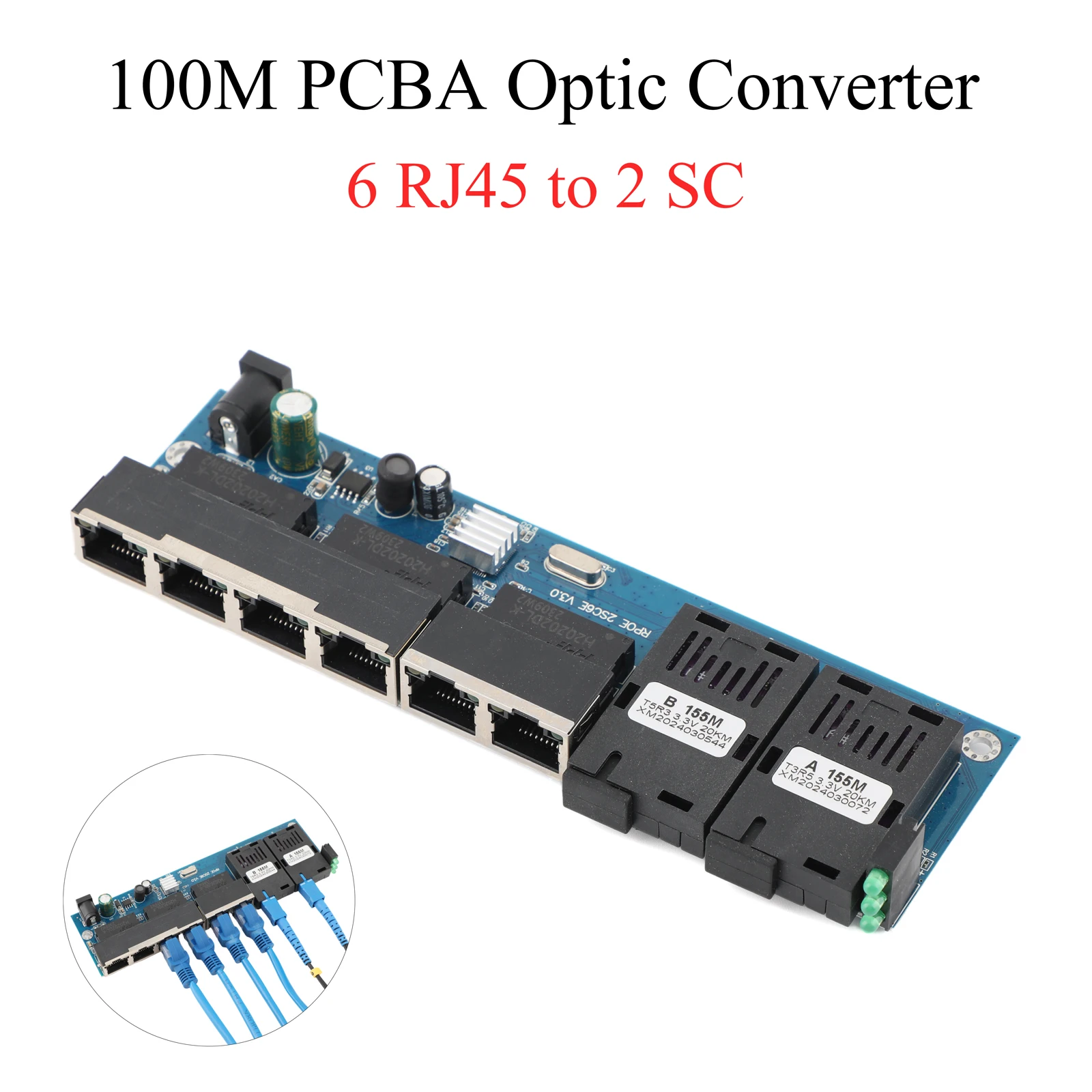 

10M/100M Fiber Optic Media Converter PCBA Board 6 RJ45 to 2 SC A+B Optic Connector 1310nm/1550nm Ports 20KM Ethernet POE Switch