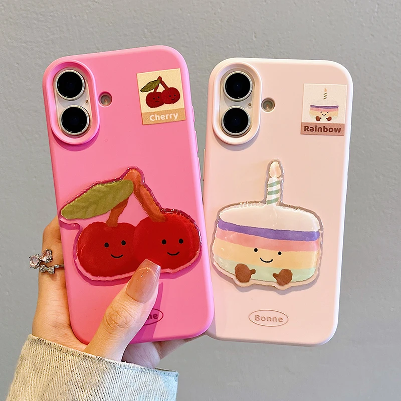 

Ins Funny Cartoon Cake Cherry Dessert Phone Case For iPhone 16 Pro Max 15 13 14 12 16 Plus Cute Soft Back Cover Funda